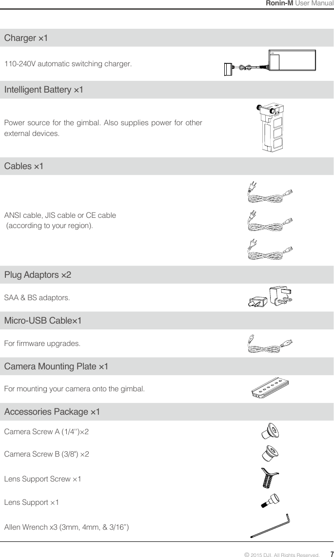 Ronin-M User Manual© 2015 DJI. All Rights Reserved.  7Charger ×1110-240V automatic switching charger.Intelligent Battery ×1Power source for the gimbal. Also supplies power for other external devices.Cables ×1ANSI cable, JIS cable or CE cable (according to your region).Plug Adaptors ×2SAA &amp; BS adaptors.Micro-USB Cable×1For rmware upgrades.Camera Mounting Plate ×1For mounting your camera onto the gimbal.Accessories Package ×1Camera Screw A (1/4&apos;&apos;)×2Camera Screw B (3/8&apos;&apos;) ×2Lens Support Screw ×1Lens Support ×1Allen Wrench x3 (3mm, 4mm, &amp; 3/16”)