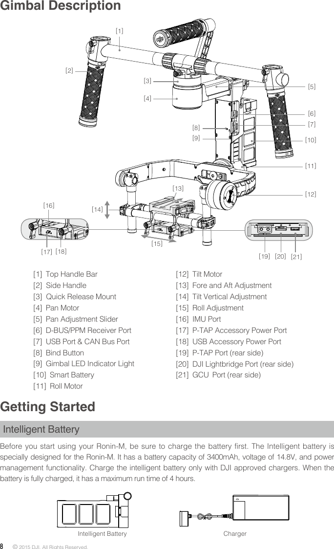 8 © 2015 DJI. All Rights Reserved. Gimbal DescriptionGetting StartedIntelligent BatteryBefore you start using your Ronin-M, be sure to charge the battery first. The Intelligent battery is specially designed for the Ronin-M. It has a battery capacity of 3400mAh, voltage of 14.8V, and power management functionality. Charge the intelligent battery only with DJI approved chargers. When the battery is fully charged, it has a maximum run time of 4 hours.Intelligent Battery Charger[1]  Top Handle Bar[2]  Side Handle[3]  Quick Release Mount[4]  Pan Motor[5]  Pan Adjustment Slider[6]  D-BUS/PPM Receiver Port[7]  USB Port &amp; CAN Bus Port [8]  Bind Button[9]  Gimbal LED Indicator Light[10]  Smart Battery[11]  Roll Motor [12]  Tilt Motor[13]  Fore and Aft Adjustment[14]  Tilt Vertical Adjustment[15]  Roll Adjustment[16]  IMU Port[17]  P-TAP Accessory Power Port[18]  USB Accessory Power Port[19]  P-TAP Port (rear side)[20]  DJI Lightbridge Port (rear side)[21] GCU Port (rear side)[1][2][4][3][8][9][5][6][7][10][11][12][14][15][13][16][17][18][19] [20][21]