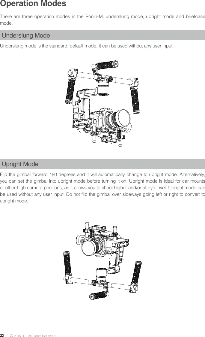 32 © 2015 DJI. All Rights Reserved. Operation ModesThere are three operation modes in the Ronin-M: underslung mode, upright mode and briefcase mode.Underslung ModeUnderslung mode is the standard, default mode. It can be used without any user input.Upright ModeFlip the gimbal forward 180 degrees and it will automatically change to upright mode. Alternatively, you can set the gimbal into upright mode before turning it on. Upright mode is ideal for car mounts or other high camera positions, as it allows you to shoot higher and/or at eye level. Upright mode can be used without any user input. Do not ip the gimbal over sideways going left or right to convert to upright mode.