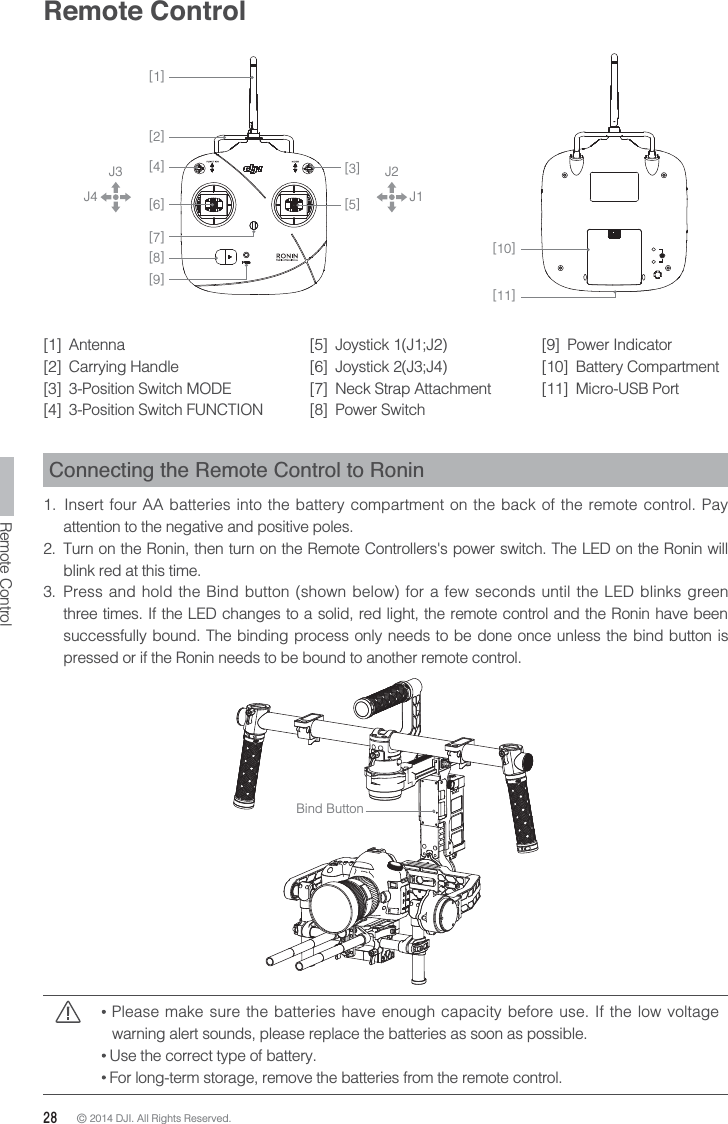 28 © 2014 DJI. All Rights Reserved. Remote ControlConnecting the Remote Control to Ronin1.  Insert four AA batteries into the battery compartment on the back of the remote control. Pay attention to the negative and positive poles.2.  Turn on the Ronin, then turn on the Remote Controllers&apos;s power switch. The LED on the Ronin will blink red at this time.3.  Press and hold the Bind button (shown below) for a few seconds until the LED blinks green three times. If the LED changes to a solid, red light, the remote control and the Ronin have been successfully bound. The binding process only needs to be done once unless the bind button is pressed or if the Ronin needs to be bound to another remote control.[2][3][5][4][6][7][8][9][1]J3J4J2J1[10][11]Bind Button Please make sure the batteries have enough capacity before use. If the low voltage warning alert sounds, please replace the batteries as soon as possible. Use the correct type of battery. For long-term storage, remove the batteries from the remote control.[1] Antenna [2] Carrying Handle [3]  3-Position Switch MODE [4]  3-Position Switch FUNCTION [5] Joystick 1(J1;J2) [6] Joystick 2(J3;J4) [7]  Neck Strap Attachment [8] Power Switch [9] Power Indicator [10] Battery Compartment [11] Micro-USB Port Remote Control