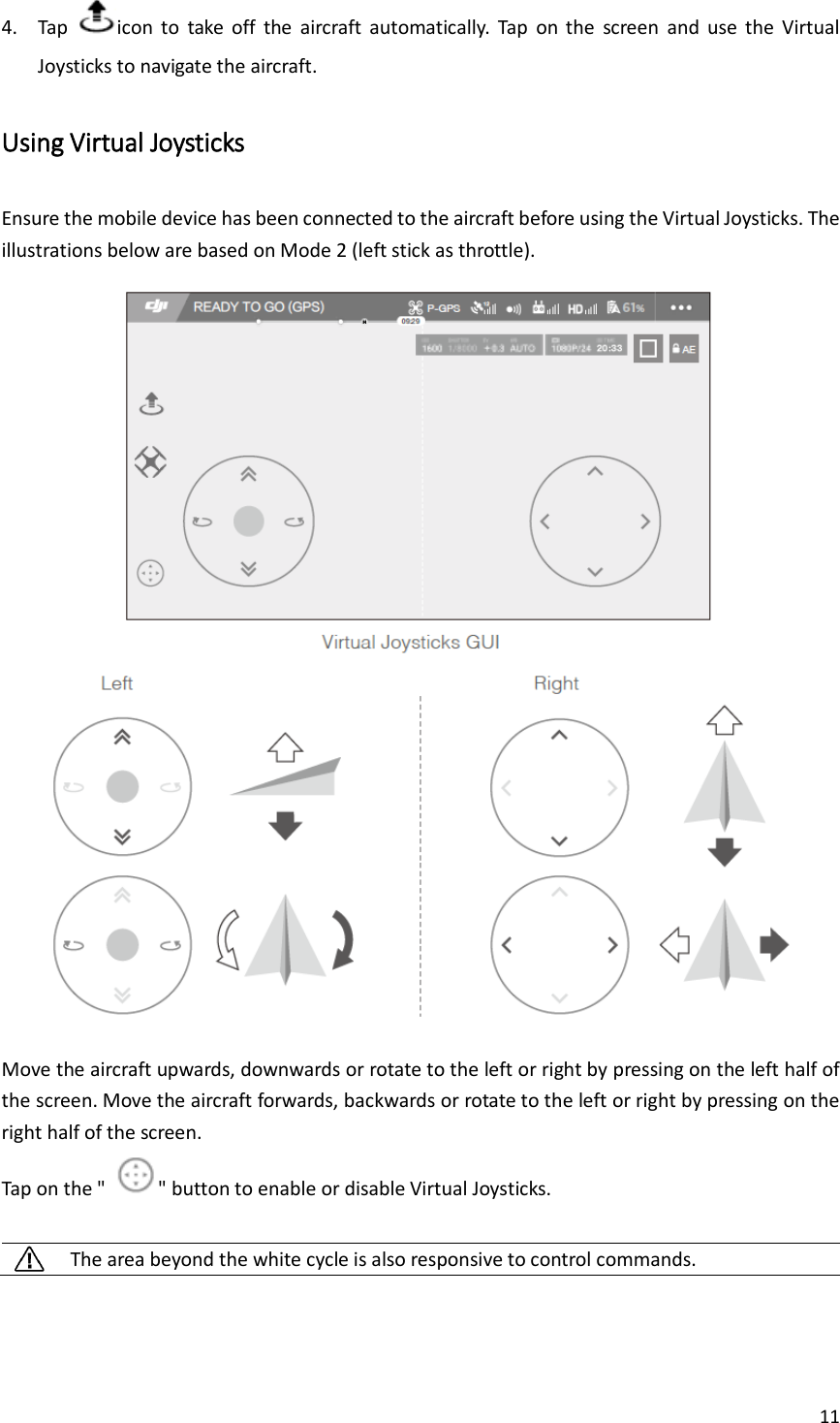 11  4. Tap  icon  to  take  off  the  aircraft  automatically.  Tap  on  the  screen  and  use  the  Virtual Joysticks to navigate the aircraft. Using Virtual Joysticks Ensure the mobile device has been connected to the aircraft before using the Virtual Joysticks. The illustrations below are based on Mode 2 (left stick as throttle).  Move the aircraft upwards, downwards or rotate to the left or right by pressing on the left half of the screen. Move the aircraft forwards, backwards or rotate to the left or right by pressing on the right half of the screen. Tap on the &quot;  &quot; button to enable or disable Virtual Joysticks.   The area beyond the white cycle is also responsive to control commands. 