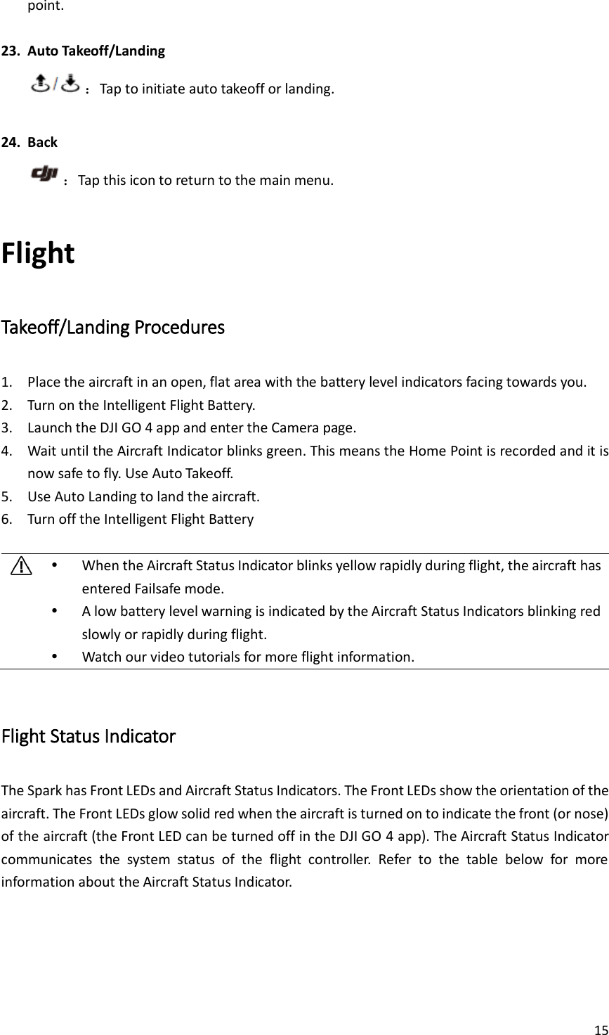 15  point.  23. Auto Takeoff/Landing ：Tap to initiate auto takeoff or landing.  24. Back ：Tap this icon to return to the main menu. Flight Takeoff/Landing Procedures 1. Place the aircraft in an open, flat area with the battery level indicators facing towards you. 2. Turn on the Intelligent Flight Battery. 3. Launch the DJI GO 4 app and enter the Camera page. 4. Wait until the Aircraft Indicator blinks green. This means the Home Point is recorded and it is now safe to fly. Use Auto Takeoff. 5. Use Auto Landing to land the aircraft. 6. Turn off the Intelligent Flight Battery    When the Aircraft Status Indicator blinks yellow rapidly during flight, the aircraft has entered Failsafe mode.  A low battery level warning is indicated by the Aircraft Status Indicators blinking red slowly or rapidly during flight.  Watch our video tutorials for more flight information.  Flight Status Indicator The Spark has Front LEDs and Aircraft Status Indicators. The Front LEDs show the orientation of the aircraft. The Front LEDs glow solid red when the aircraft is turned on to indicate the front (or nose) of the aircraft (the Front LED can be turned off in the DJI GO 4 app). The Aircraft Status Indicator communicates  the  system  status  of  the  flight  controller.  Refer  to  the  table  below  for  more information about the Aircraft Status Indicator. 