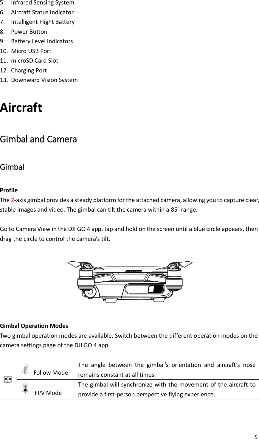 5  5. Infrared Sensing System 6. Aircraft Status Indicator 7. Intelligent Flight Battery 8. Power Button 9. Battery Level Indicators 10. Micro USB Port 11. microSD Card Slot 12. Charging Port 13. Downward Vision System Aircraft Gimbal and Camera Gimbal Profile The 2-axis gimbal provides a steady platform for the attached camera, allowing you to capture clear, stable images and video. The gimbal can tilt the camera within a 85˚ range.  Go to Camera View in the DJI GO 4 app, tap and hold on the screen until a blue circle appears, then drag the circle to control the camera’s tilt.  Gimbal Operation Modes Two gimbal operation modes are available. Switch between the different operation modes on the camera settings page of the DJI GO 4 app.     Follow Mode The  angle  between  the  gimbal’s  orientation  and  aircraft’s  nose remains constant at all times.   FPV Mode The gimbal will synchronize with the movement of the aircraft to provide a first-person perspective flying experience. 