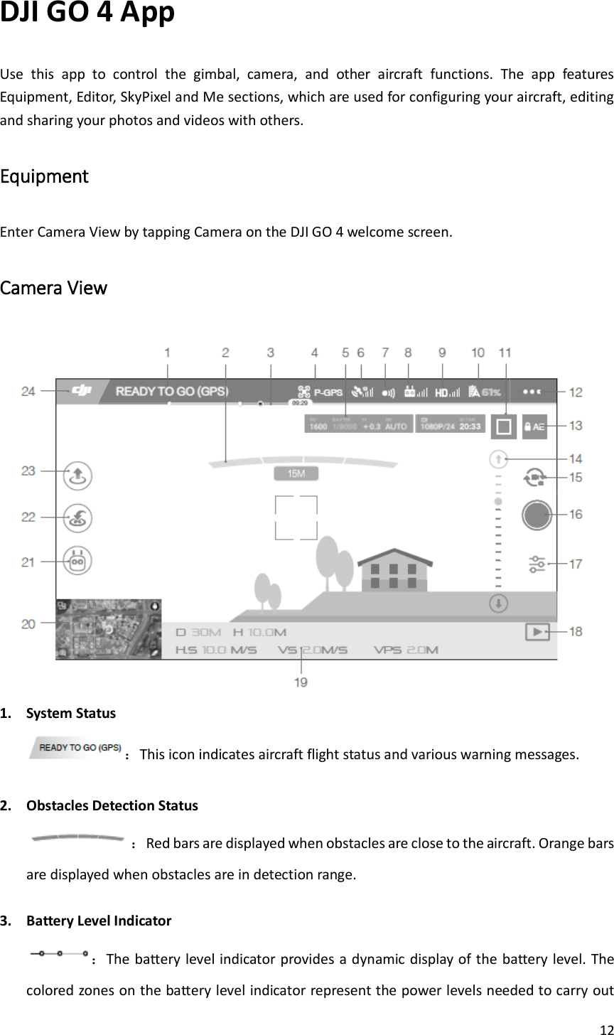 12  DJI GO 4 App Use  this  app  to  control  the  gimbal,  camera,  and  other  aircraft  functions.  The  app  features Equipment, Editor, SkyPixel and Me sections, which are used for configuring your aircraft, editing and sharing your photos and videos with others. Equipment Enter Camera View by tapping Camera on the DJI GO 4 welcome screen. Camera View  1. System Status ：This icon indicates aircraft flight status and various warning messages.  2. Obstacles Detection Status ：Red bars are displayed when obstacles are close to the aircraft. Orange bars are displayed when obstacles are in detection range.  3. Battery Level Indicator ：The battery level indicator provides a dynamic display of the  battery level. The colored zones on the battery level indicator represent the power levels needed to carry out 