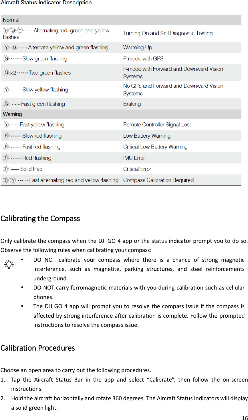 16    Calibrating the Compass Only calibrate the compass when the DJI GO 4 app or the status indicator prompt you to do so. Observe the following rules when calibrating your compass:   DO  NOT  calibrate  your  compass  where  there  is  a  chance  of  strong  magnetic interference,  such  as  magnetite,  parking  structures,  and  steel  reinforcements underground.  DO NOT carry ferromagnetic materials with you during calibration such as cellular phones.  The DJI GO 4 app will prompt you to resolve the compass issue if the compass is affected by strong interference after calibration is complete. Follow the prompted instructions to resolve the compass issue. Calibration Procedures Choose an open area to carry out the following procedures. 1. Tap  the  Aircraft  Status  Bar  in  the  app  and  select  “Calibrate”,  then  follow  the  on-screen instructions. 2. Hold the aircraft horizontally and rotate 360 degrees. The Aircraft Status Indicators will display a solid green light. 