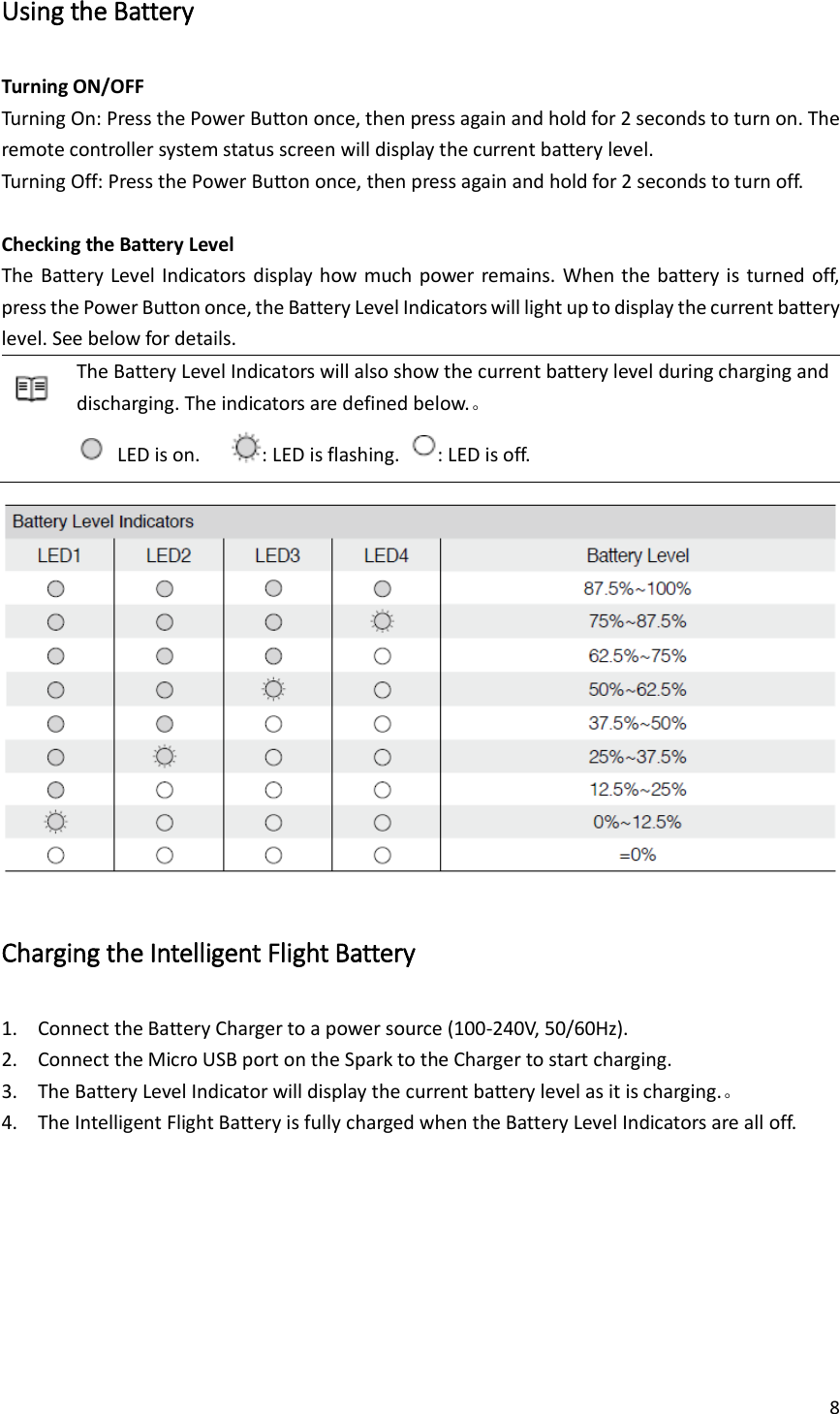 8  Using the Battery Turning ON/OFF Turning On: Press the Power Button once, then press again and hold for 2 seconds to turn on. The remote controller system status screen will display the current battery level. Turning Off: Press the Power Button once, then press again and hold for 2 seconds to turn off.  Checking the Battery Level The Battery Level Indicators  display how  much power  remains. When  the battery  is  turned off, press the Power Button once, the Battery Level Indicators will light up to display the current battery level. See below for details.  The Battery Level Indicators will also show the current battery level during charging and discharging. The indicators are defined below.。   LED is on.     : LED is flashing.  : LED is off.  Charging the Intelligent Flight Battery 1. Connect the Battery Charger to a power source (100-240V, 50/60Hz). 2. Connect the Micro USB port on the Spark to the Charger to start charging. 3. The Battery Level Indicator will display the current battery level as it is charging.。 4. The Intelligent Flight Battery is fully charged when the Battery Level Indicators are all off. 