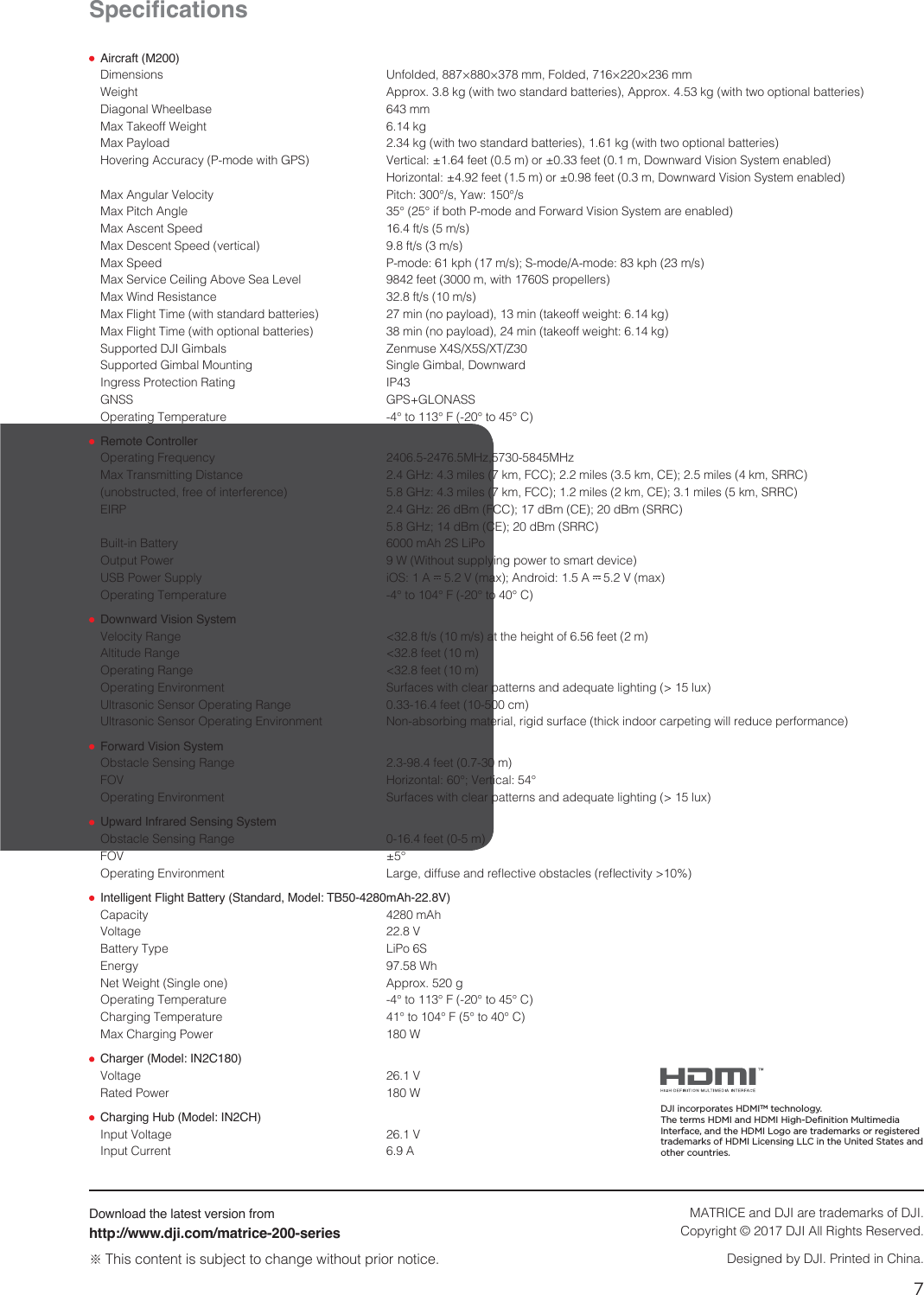 7EN6SHFLÀFDWLRQV Aircraft (M200)%JNFOTJPOT 6OGPMEFE¨¨NN&apos;PMEFE¨¨NN8FJHIU &quot;QQSPYLHXJUIUXPTUBOEBSECBUUFSJFT&quot;QQSPYLHXJUIUXPPQUJPOBMCBUUFSJFT%JBHPOBM8IFFMCBTF NN.BY5BLFPGG8FJHIU LH.BY1BZMPBE LHXJUIUXPTUBOEBSECBUUFSJFTLHXJUIUXPPQUJPOBMCBUUFSJFT)PWFSJOH&quot;DDVSBDZ1NPEFXJUI(14 7FSUJDBMGFFUNPSGFFUN%PXOXBSE7JTJPO4ZTUFNFOBCMFE )PSJ[POUBMGFFUNPSGFFUN%PXOXBSE7JTJPO4ZTUFNFOBCMFE.BY&quot;OHVMBS7FMPDJUZ 1JUDI¡T:BX¡T.BY1JUDI&quot;OHMF ¡¡JGCPUI1NPEFBOE&apos;PSXBSE7JTJPO4ZTUFNBSFFOBCMFE.BY&quot;TDFOU4QFFE GUTNT.BY%FTDFOU4QFFEWFSUJDBM GUTNT.BY4QFFE 1NPEFLQINT4NPEF&quot;NPEFLQINT.BY4FSWJDF$FJMJOH&quot;CPWF4FB-FWFM GFFUNXJUI4QSPQFMMFST.BY8JOE3FTJTUBODF GUTNT.BY&apos;MJHIU5JNFXJUITUBOEBSECBUUFSJFT NJOOPQBZMPBENJOUBLFPGGXFJHIULH.BY&apos;MJHIU5JNFXJUIPQUJPOBMCBUUFSJFT NJOOPQBZMPBENJOUBLFPGGXFJHIULH4VQQPSUFE%+*(JNCBMT ;FONVTF949495;4VQQPSUFE(JNCBM.PVOUJOH 4JOHMF(JNCBM%PXOXBSE*OHSFTT1SPUFDUJPO3BUJOH *1(/44 (14(-0/&quot;440QFSBUJOH5FNQFSBUVSF ¡UP¡&apos;¡UP¡$ Remote Controller 0QFSBUJOH&apos;SFRVFODZ ()[()[.BY5SBOTNJUUJOH%JTUBODF ()[NJMFTLN&apos;$$NJMFTLN$&amp;NJMFTLN433$VOPCTUSVDUFEGSFFPGJOUFSGFSFODF ()[NJMFTLN&apos;$$NJMFTLN$&amp;NJMFTLN433$&amp;*31$&amp;E#N433$()[E#N$$ ()[E#N$&amp;E#N433$#VJMUJO#BUUFSZ N&quot;I4-J1P0VUQVU1PXFS 88JUIPVUTVQQMZJOHQPXFSUPTNBSUEFWJDF64#1PXFS4VQQMZ J04&quot; 7NBY&quot;OESPJE&quot; 7NBY0QFSBUJOH5FNQFSBUVSF ¡UP¡&apos;¡UP¡$ Downward Vision System7FMPDJUZ3BOHF GUTNTBUUIFIFJHIUPGGFFUN&quot;MUJUVEF3BOHF GFFUN0QFSBUJOH3BOHF GFFUN0QFSBUJOH&amp;OWJSPONFOU 4VSGBDFTXJUIDMFBSQBUUFSOTBOEBEFRVBUFMJHIUJOHMVY6MUSBTPOJD4FOTPS0QFSBUJOH3BOHF GFFUDN6MUSBTPOJD4FOTPS0QFSBUJOH&amp;OWJSPONFOU /POBCTPSCJOHNBUFSJBMSJHJETVSGBDFUIJDLJOEPPSDBSQFUJOHXJMMSFEVDFQFSGPSNBODF Forward Vision System0CTUBDMF4FOTJOH3BOHF GFFUN&apos;07 )PSJ[POUBM¡7FSUJDBM¡0QFSBUJOH&amp;OWJSPONFOU 4VSGBDFTXJUIDMFBSQBUUFSOTBOEBEFRVBUFMJHIUJOHMVY Upward Infrared Sensing System0CTUBDMF4FOTJOH3BOHF GFFUN&apos;07 ¡0QFSBUJOH&amp;OWJSPONFOU -BSHFEJGGVTFBOESFnFDUJWFPCTUBDMFTSFnFDUJWJUZ Intelligent Flight Battery (Standard, Model: TB50-4280mAh-22.8V)$BQBDJUZ N&quot;I7PMUBHF 7#BUUFSZ5ZQF -J1P4&amp;OFSHZ 8I/FU8FJHIU4JOHMFPOF &quot;QQSPYH0QFSBUJOH5FNQFSBUVSF ¡UP¡&apos;¡UP¡$$IBSHJOH5FNQFSBUVSF ¡UP¡&apos;¡UP¡$.BY$IBSHJOH1PXFS 8 Charger (Model: IN2C180)7PMUBHF 73BUFE1PXFS 8 Charging Hub (Model: IN2CH)*OQVU7PMUBHF 7*OQVU$VSSFOU &quot;Download the latest version fromhttp://www.dji.com/matrice-200-seriesČ 5IJTDPOUFOUJTTVCKFDUUPDIBOHFXJUIPVUQSJPSOPUJDF.&quot;53*$&amp;BOE%+*BSFUSBEFNBSLTPG%+*$PQZSJHIUª%+*&quot;MM3JHIUT3FTFSWFE%FTJHOFECZ%+*1SJOUFEJO$IJOBDJI incorporates HDMITM technology.The terms HDMI and HDMI High-Definition Multimedia Interface, and the HDMI Logo are trademarks or registered trademarks of HDMI Licensing LLC in the United States and other countries.()[E#N&apos;$$E#N$&amp;E#N433$.)[.)[