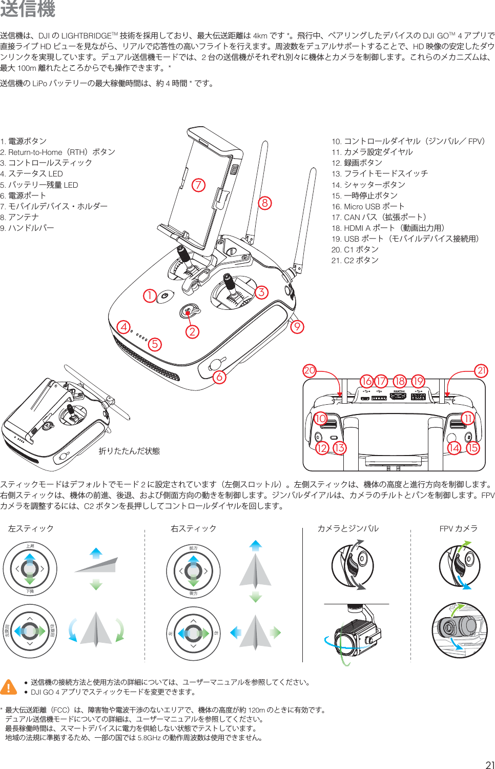 21JP送信機送信機は、DJI の-*()5#3*%(&amp;TM 技術を採用しており、最大伝送距離は LN です 。飛行中、ペアリングしたデバイスの %+*(0TM アプリで直接ライブ )% ビューを見ながら、リアルで応答性の高いフライトを行えます。周波数をデュアルサポートすることで、)% 映像の安定したダウンリンクを実現しています。デュアル送信機モードでは、2台の送信機がそれぞれ別々に機体とカメラを制御します。これらのメカニズムは、最大 100m 離れたところからでも操作できます。送信機の -J1P バッテリーの最大稼働時間は、約 時間 です。 最大伝送距離（&apos;$$）は、障害物や電波干渉のないエリアで、機体の高度が約 120m のときに有効です。デュアル送信機モードについての詳細は、ユーザーマニュアルを参照してください。最長稼働時間は、スマートデバイスに電力を供給しない状態でテストしています。地域の法規に準拠するため、一部の国では ()[ の動作周波数は使用できません。電源ボタン3FUVSOUP)PNF（35)）ボタンコントロールスティックステータス -&amp;%バッテリー残量 -&amp;%電源ポートモバイルデバイス・ホルダーアンテナハンドルバーコントロールダイヤル（ジンバル／ &apos;17）カメラ設定ダイヤル録画ボタンフライトモードスイッチシャッターボタン一時停止ボタン.JDSP64# ポート$&quot;/ バス（拡張ポート）)%.*&quot; ポート（動画出力用）64# ポート（モバイルデバイス接続用）$ ボタン$ ボタン折りたたんだ状態スティックモードはデフォルトでモード 2に設定されています（左側スロットル）。左側スティックは、機体の高度と進行方向を制御します。右側スティックは、機体の前進、後退、および側面方向の動きを制御します。ジンバルダイアルは、カメラのチルトとパンを制御します。&apos;17カメラを調整するには、C2 ボタンを長押ししてコントロールダイヤルを回します。  送信機の接続方法と使用方法の詳細については、ユーザーマニュアルを参照してください。%+*(0 アプリでスティックモードを変更できます。左スティック 右スティック カメラとジンバル &apos;17 カメラ上昇下降 前方後方右旋回左旋回右左38974512616 17 18 19 1013121115142120