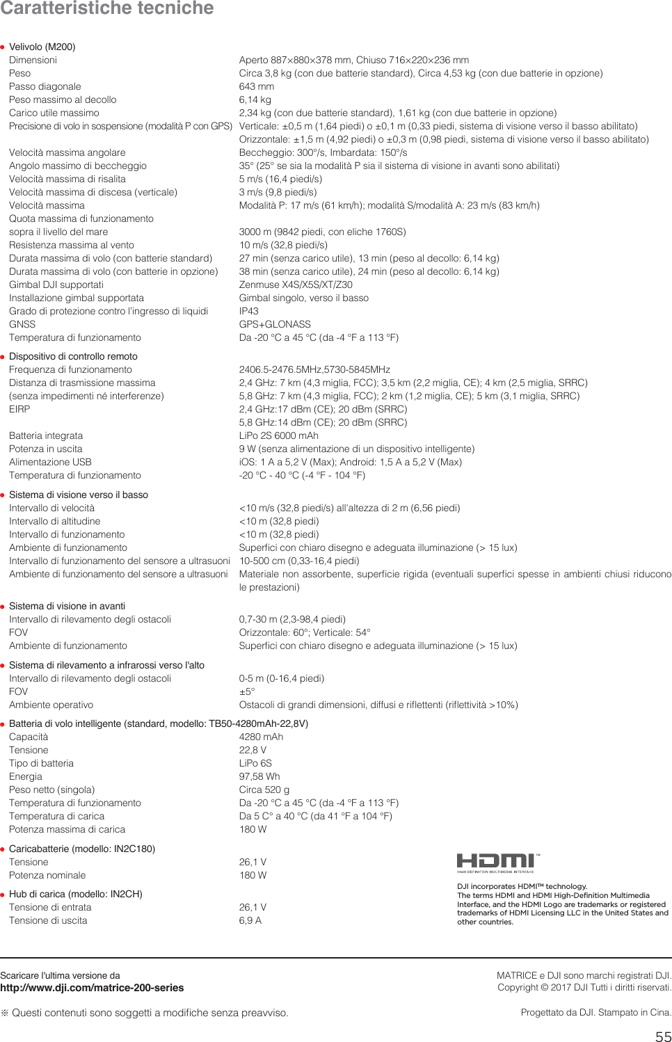 55ITCaratteristiche tecniche Velivolo (M200)%JNFOTJPOJ &quot;QFSUP¨¨NN$IJVTP¨¨NN1FTP $JSDBLHDPOEVFCBUUFSJFTUBOEBSE$JSDBLHDPOEVFCBUUFSJFJOPQ[JPOF1BTTPEJBHPOBMF NN1FTPNBTTJNPBMEFDPMMP LH$BSJDPVUJMFNBTTJNP LHDPOEVFCBUUFSJFTUBOEBSELHDPOEVFCBUUFSJFJOPQ[JPOF1SFDJTJPOFEJWPMPJOTPTQFOTJPOFNPEBMJUË1DPO(14 7FSUJDBMFNQJFEJPNQJFEJTJTUFNBEJWJTJPOFWFSTPJMCBTTPBCJMJUBUP 0SJ[[POUBMFNQJFEJPNQJFEJTJTUFNBEJWJTJPOFWFSTPJMCBTTPBCJMJUBUP7FMPDJUËNBTTJNBBOHPMBSF #FDDIFHHJP¡T*NCBSEBUB¡T&quot;OHPMPNBTTJNPEJCFDDIFHHJP ¡¡TFTJBMBNPEBMJUË1TJBJMTJTUFNBEJWJTJPOFJOBWBOUJTPOPBCJMJUBUJ7FMPDJUËNBTTJNBEJSJTBMJUB NTQJFEJT7FMPDJUËNBTTJNBEJEJTDFTBWFSUJDBMF NTQJFEJT7FMPDJUËNBTTJNB .PEBMJUË1NTLNINPEBMJUË4NPEBMJUË&quot;NTLNI2VPUBNBTTJNBEJGVO[JPOBNFOUP TPQSBJMMJWFMMPEFMNBSF NQJFEJDPOFMJDIF43FTJTUFO[BNBTTJNBBMWFOUP NTQJFEJT%VSBUBNBTTJNBEJWPMPDPOCBUUFSJFTUBOEBSE NJOTFO[BDBSJDPVUJMFNJOQFTPBMEFDPMMPLH%VSBUBNBTTJNBEJWPMPDPOCBUUFSJFJOPQ[JPOF NJOTFO[BDBSJDPVUJMFNJOQFTPBMEFDPMMPLH(JNCBM%+*TVQQPSUBUJ ;FONVTF949495;*OTUBMMB[JPOFHJNCBMTVQQPSUBUB (JNCBMTJOHPMPWFSTPJMCBTTP(SBEPEJQSPUF[JPOFDPOUSPMhJOHSFTTPEJMJRVJEJ *1(/44 (14(-0/&quot;445FNQFSBUVSBEJGVO[JPOBNFOUP %B¡$B¡$EB¡&apos;B¡&apos; Dispositivo di controllo remoto &apos;SFRVFO[BEJGVO[JPOBNFOUP .)[.)[%JTUBO[BEJUSBTNJTTJPOFNBTTJNB ()[LNNJHMJB&apos;$$LNNJHMJB$&amp;LNNJHMJB433$TFO[BJNQFEJNFOUJOÏJOUFSGFSFO[F ()[LNNJHMJB&apos;$$LNNJHMJB$&amp;LNNJHMJB433$&amp;*31 ()[E#N$&amp;E#N433$ ()[E#N$&amp;E#N433$#BUUFSJBJOUFHSBUB -J1P4N&quot;I1PUFO[BJOVTDJUB 8TFO[BBMJNFOUB[JPOFEJVOEJTQPTJUJWPJOUFMMJHFOUF&quot;MJNFOUB[JPOF64# J04&quot;B7.BY&quot;OESPJE&quot;B7.BY5FNQFSBUVSBEJGVO[JPOBNFOUP ¡$¡$¡&apos;¡&apos; Sistema di visione verso il basso*OUFSWBMMPEJWFMPDJUË NTQJFEJTBMMhBMUF[[BEJNQJFEJ*OUFSWBMMPEJBMUJUVEJOF NQJFEJ*OUFSWBMMPEJGVO[JPOBNFOUP NQJFEJ&quot;NCJFOUFEJGVO[JPOBNFOUP 4VQFSmDJDPODIJBSPEJTFHOPFBEFHVBUBJMMVNJOB[JPOFMVY*OUFSWBMMPEJGVO[JPOBNFOUPEFMTFOTPSFBVMUSBTVPOJ DNQJFEJ&quot;NCJFOUFEJGVO[JPOBNFOUPEFMTFOTPSFBVMUSBTVPOJ .BUFSJBMFOPOBTTPSCFOUFTVQFSmDJFSJHJEBFWFOUVBMJTVQFSmDJTQFTTFJOBNCJFOUJDIJVTJSJEVDPOP  MFQSFTUB[JPOJ Sistema di visione in avanti*OUFSWBMMPEJSJMFWBNFOUPEFHMJPTUBDPMJ NQJFEJ&apos;07 0SJ[[POUBMF¡7FSUJDBMF¡&quot;NCJFOUFEJGVO[JPOBNFOUP 4VQFSmDJDPODIJBSPEJTFHOPFBEFHVBUBJMMVNJOB[JPOFMVY Sistema di rilevamento a infrarossi verso l&apos;alto*OUFSWBMMPEJSJMFWBNFOUPEFHMJPTUBDPMJ NQJFEJ&apos;07 ¡&quot;NCJFOUFPQFSBUJWP 0TUBDPMJEJHSBOEJEJNFOTJPOJEJGGVTJFSJnFUUFOUJSJnFUUJWJUË Batteria di volo intelligente (standard, modello: TB50-4280mAh-22,8V)$BQBDJUË N&quot;I5FOTJPOF 75JQPEJCBUUFSJB -J1P4&amp;OFSHJB 8I1FTPOFUUPTJOHPMB $JSDBH5FNQFSBUVSBEJGVO[JPOBNFOUP %B¡$B¡$EB¡&apos;B¡&apos;5FNQFSBUVSBEJDBSJDB %B$¡B¡$EB¡&apos;B¡&apos;1PUFO[BNBTTJNBEJDBSJDB 8 Caricabatterie (modello: IN2C180)5FOTJPOF 71PUFO[BOPNJOBMF 8 Hub di carica (modello: IN2CH)5FOTJPOFEJFOUSBUB 75FOTJPOFEJVTDJUB &quot;Scaricare l&apos;ultima versione dahttp://www.dji.com/matrice-200-seriesČ2VFTUJDPOUFOVUJTPOPTPHHFUUJBNPEJmDIFTFO[BQSFBWWJTP.&quot;53*$&amp;F%+*TPOPNBSDIJSFHJTUSBUJ%+*$PQZSJHIUª%+*5VUUJJEJSJUUJSJTFSWBUJ1SPHFUUBUPEB%+*4UBNQBUPJO$JOBDJI incorporates HDMITM technology.The terms HDMI and HDMI High-Definition Multimedia Interface, and the HDMI Logo are trademarks or registered trademarks of HDMI Licensing LLC in the United States and other countries.