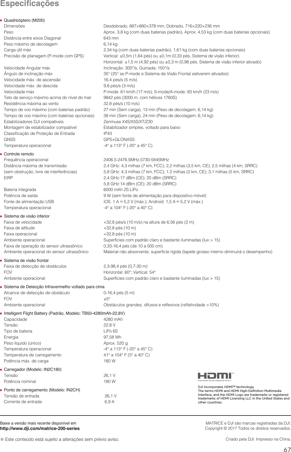 67PT(VSHFLÀFDo}HV Quadricóptero (M200)%JNFOTÜFT %FTEPCSBEP¨¨NN%PCSBEP¨¨NN1FTP &quot;QSPYLHDPNEVBTCBUFSJBTQBESÍP&quot;QSPYLHDPNEVBTCBUFSJBTPQDJPOBJT%JTUÉODJBFOUSFFJYPT%JBHPOBM NN1FTPNÈYJNPEFEFDPMBHFN LH$BSHBÞUJMNÈY LHDPNEVBTCBUFSJBTQBESÍPLHDPNEVBTCBUFSJBTPQDJPOBJT1SFDJTÍPEFQMBOBHFN1NPEFDPN(14 7FSUJDBMNQÏTPVNQÏT4JTUFNBEFWJTÍPJOGFSJPS )PSJ[POUBMNQÏTPVNQÏT4JTUFNBEFWJTÍPJOGFSJPSBUJWBEP7FMPDJEBEF&quot;OHVMBSNÈY *ODMJOBÎÍP¡T(VJOBEB¡T¬OHVMPEFJODMJOBÎÍPNÈY ¡¡TF1NPEFF4JTUFNBEF7JTÍP&apos;SPOUBMFTUJWFSFNBUJWBEPT7FMPDJEBEFNÈYEFBTDFOTÍP QÏTTNT7FMPDJEBEFNÈYEFEFTDJEB QÏTTNT7FMPDJEBEFNÈY 1NPEFLNINT4NPEF&quot;NPEFLNINT5FUPEFTFSWJÎPNÈYJNPBDJNBEPOÓWFMEPNBS QÏTNDPNIÏMJDFT43FTJTUÐODJBNÈYJNBBPWFOUP QÏTTNT5FNQPEFWPPNÈYJNPDPNCBUFSJBTQBESÍP NJO4FNDBSHBNJO1FTPEFEFDPMBHFNLH5FNQPEFWPPNÈYJNPDPNCBUFSJBTPQDJPOBJT NJO4FNDBSHBNJO1FTPEFEFDPMBHFNLH&amp;TUBCJMJ[BEPSFT%+*DPNQBUÓWFJT ;FONVTF949495;.POUBHFNEFFTUBCJMJ[BEPSDPNQBUÓWFM &amp;TUBCJMJ[BEPSTJNQMFTWPMUBEPQBSBCBJYP$MBTTJmDBÎÍPEF1SPUFÎÍPEF&amp;OUSBEB *1(/44 (14(-0/&quot;445FNQFSBUVSBPQFSBDJPOBM ¡B¡&apos;¡B¡$ Controle remoto &apos;SFRVÐODJBPQFSBDJPOBM .)[.)[%JTUÉODJBNÈYJNBEFUSBOTNJTTÍP ()[NJMIBTLN&apos;$$NJMIBTLN$&amp;NJMIBTLN433$TFNPCTUSVÎÍPMJWSFEFJOUFSGFSÐODJBT ()[NJMIBTLN&apos;$$NJMIBTLN$&amp;NJMIBTLN433$&amp;*31 ()[E#N$&amp;E#N433$ ()[E#N$&amp;E#N433$#BUFSJBJOUFHSBEB N&quot;I4-J1P1PUÐODJBEFTBÓEB 8TFNGPOUFEFBMJNFOUBÎÍPQBSBEJTQPTJUJWPNØWFM&apos;POUFEFBMJNFOUBÎÍP64# J04&quot; 7NÈY&quot;OESPJE&quot; 7NÈY5FNQFSBUVSBPQFSBDJPOBM ¡B¡&apos;¡B¡$ Sistema de visão inferior&apos;BJYBEFWFMPDJEBEF QÏTTNTOBBMUVSBEFQÏTN&apos;BJYBEFBMUJUVEF QÏTN&apos;BJYBPQFSBDJPOBM QÏTN&quot;NCJFOUFPQFSBDJPOBM 4VQFSGÓDJFTDPNQBESÍPDMBSPFCBTUBOUFJMVNJOBEBTMVY&apos;BJYBEFPQFSBÎÍPEPTFOTPSVMUSBTTÙOJDP QÏTEFBDN&quot;NCJFOUFPQFSBDJPOBMEPTFOTPSVMUSBTTÙOJDP .BUFSJBMOÍPBCTPSWFOUFTVQFSGÓDJFSÓHJEBUBQFUFHSPTTPJOUFSOPEJNJOVJSÈPEFTFNQFOIP Sistema de visão frontal&apos;BJYBEFEFUFDÎÍPEFPCTUÈDVMPT QÏTN&apos;07 )PSJ[POUBM¡7FSUJDBM¡&quot;NCJFOUFPQFSBDJPOBM 4VQFSGÓDJFTDPNQBESÍPDMBSPFCBTUBOUFJMVNJOBEBTMVY Sistema de Detecção Infravermelho voltado para cima&quot;MDBODFEFEFUFDÎÍPEFPCTUÈDVMP QÏTN&apos;07 ¡&quot;NCJFOUFPQFSBDJPOBM 0CTUÈDVMPTHSBOEFTEJGVTPTFSFnFYJWPTSFnFUJWJEBEF Intelligent Flight Battery (Padrão, Modelo: TB50-4280mAh-22,8V)$BQBDJEBEF N&quot;I5FOTÍP 75JQPEFCBUFSJB -J1P4&amp;OFSHJB 8I1FTPMÓRVJEPÞOJDP &quot;QSPYH5FNQFSBUVSBPQFSBDJPOBM ¡B¡&apos;¡B¡$5FNQFSBUVSBEFDBSSFHBNFOUP ¡B¡&apos;¡B¡$1PUÐODJBNÈYEFDBSHB 8 Carregador (Modelo: IN2C180)5FOTÍP 71PUÐODJBOPNJOBM 8 Ponto de carregamento (Modelo: IN2CH)5FOTÍPEFFOUSBEB 7$PSSFOUFEFFOUSBEB &quot;Baixe a versão mais recente disponível emhttp://www.dji.com/matrice-200-seriesČ&amp;TUFDPOUFÞEPFTUÈTVKFJUPBBMUFSBÎÜFTTFNQSÏWJPBWJTP.&quot;53*$&amp;F%+*TÍPNBSDBTSFHJTUSBEBTEB%+*$PQZSJHIUª5PEPTPTEJSFJUPTSFTFSWBEPT$SJBEPQFMB%+**NQSFTTPOB$IJOBDJI incorporates HDMITM technology.The terms HDMI and HDMI High-Definition Multimedia Interface, and the HDMI Logo are trademarks or registered trademarks of HDMI Licensing LLC in the United States and other countries.