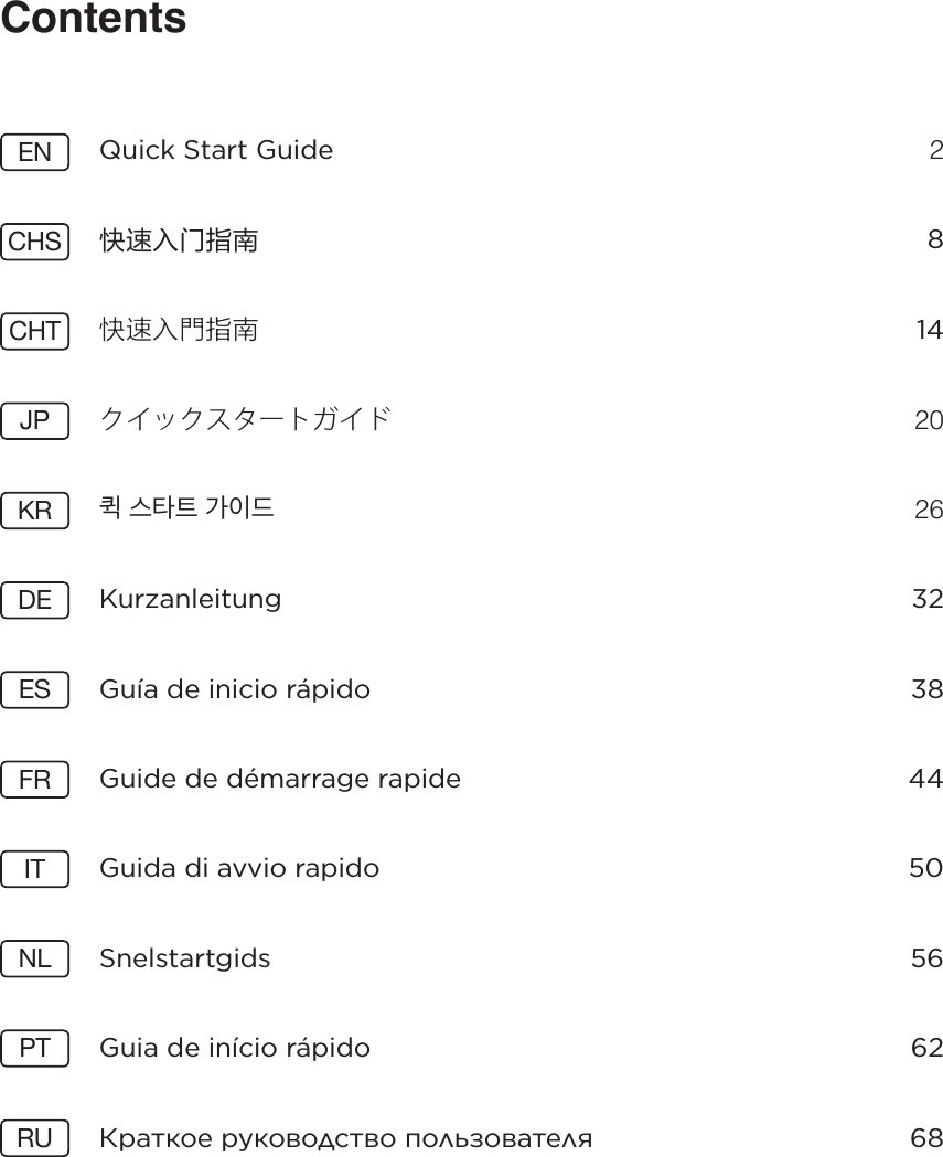 ContentsEN KRITCHT ESNLCHSDEPTJPFRRUQuick Start Guide  2ঌᤴК᫃ૉӯ 8ᔘ䕌ڒ䪭ᠴࢄ 14クイックスタートガイド 20퀵 스타트 가이드 26Kurzanleitung 32Guía de inicio rápido  38Guide de démarrage rapide  44Guida di avvio rapido  50Snelstartgids 56Guia de início rápido  62Краткое руководство пользователя  68