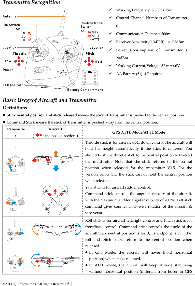  ©2013 DJI Innovations. All Rights Reserved.6 |   TransmitterRecognition   Working Frequency: 5.8GHz ISM  Control Channel Numbers of Transmitter: 6  Communication Distance: 300m  Receiver Sensitivity(1%PER):  ＞-93dBm  Power Consumption of Transmitter: ＜20dBm  Working Current/Voltage: 52 mA@6V  AA Battery (5#): 4 Required  Basic Usageof Aircraft and Transmitter Definitions  Stick neutral position and stick released means the stick of Transmitter is pushed to the central position.  Command Stick means the stick of Transmitter is pushed away from the central position. Transmitter Aircraft （is the nose direction） GPS ATTI. Mode/ATTI. Mode   Throttle stick is for aircraft up&amp; down control.The aircraft will hold the height automatically if the stick is centered. You should Push the throttle stick to the neutral position to take-off the multi-rotor. Note that the stick returns to the central position when released for the transmitter V3.5. For the version below 3.5, the stick cannot hold the central position when released.     Yaw stick is for aircraft rudder control. Command stick controls the angular velocity of the aircraft, with the maximum rudder angular velocity of 200°/s. Left stick command gives counter clock-wise rotation of the aircraft, &amp; vice versa.   Roll stick is for aircraft left/right control and Pitch stick is for front/back control. Command stick controls the angle of the aircraft.Stick neutral position is for 0˚, its endpoint is 35˚. The roll and pitch sticks return to the central position when released.  In GPS Mode, the aircraft will hover (hold horizontal position) when sticks released.  In ATTI. Mode, the aircraft will keep attitude stabilizing without horizontal position (different from hover in GPS   OFFCLHLGPSATTIATTI