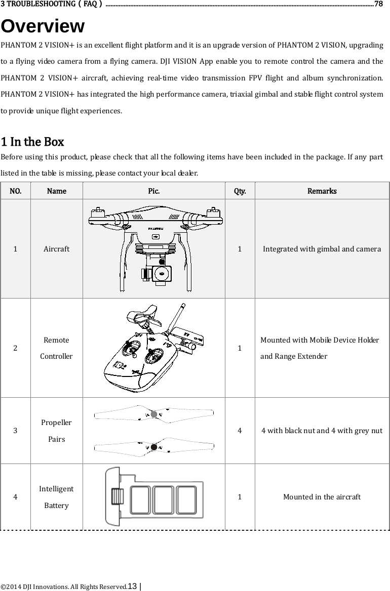  ©2014 DJI Innovations. All Rights Reserved.13 |   3 TROUBLESHOOTING（FAQ）  ................................................................................................................................................................... 78Overview PHANTOM 2 VISION+ is an excellent flight platform and it is an upgrade version of PHANTOM 2 VISION, upgrading to a flying video camera from a flying camera. DJI VISION App enable you to remote control the camera and the PHANTOM 2 VISION+ aircraft, achieving real-time video transmission FPV flight and album synchronization. PHANTOM 2 VISION+ has integrated the high performance camera, triaxial gimbal and stable flight control system to provide unique flight experiences.  1 In the Box Before using this product, please check that all the following items have been included in the package. If any part listed in the table is missing, p le ase contact your lo c a l dealer. NO. Name   Pic. Qty. Remarks   1  Aircraft    1  Integrated with gimbal and camera 2 Remote Controller  1 Mounted with Mobile Device Holder and Range Extender 3 Prop e l le r  Pairs  4  4 with black nut and 4 with grey nut 4 Intelligent Battery  1  Mounted in the aircraft 