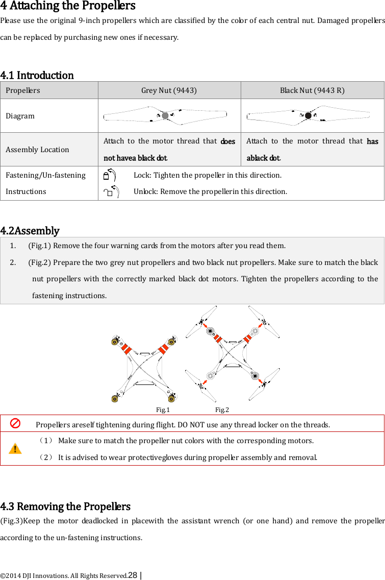  ©2014 DJI Innovations. All Rights Reserved.28 |    4 Attaching the Propellers Please use the original 9-inch propellers which are classified by the color of each central nut. Damaged pr o p e l lers  can be replaced by purchasing new ones if necessary.  4.1 Introduction Propellers Grey Nut (9443) Black Nut (9443 R) Diagram   Assembly Location Atta ch to the motor thread that doe s  not havea black dot. Atta ch to the motor thread that has abla c k  do t . Fastening/Un-fastening Instructions   Lock: Tighten the propeller in this direction. Unlock: Remove the propellerin this direction.  4.2Assembly 1. (Fig.1) Remove the four warning cards from the motors after you read them. 2. (Fig.2) Prepare the two grey nut propellers and two black nut propellers. Make sure to match the black nut propellers  with the correctly marked black dot motors.  Tighten the propellers according to the fastening instructions.  Fig.1             Fig.2  Propellers areself tightening during flight. DO NOT use any thread locker on the threads.  （1） Make sure to match the propeller nut colors with the corresponding motors. （2） It is advised to wear protectivegloves during propeller assembly and removal.   4.3 Removing the Propellers (Fig.3)Keep the motor  deadlocked  in placewith the assistant wrench (or one hand) and remove the propeller according to the un-fastening instructions. 
