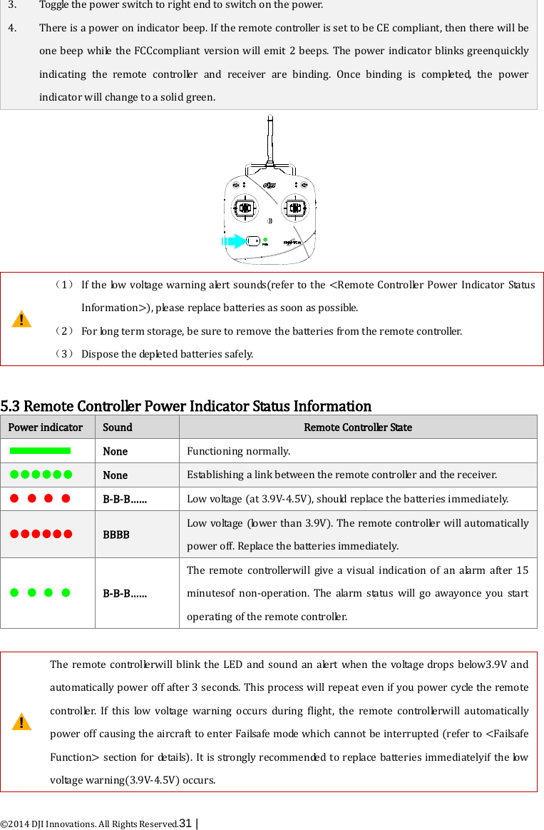  ©2014 DJI Innovations. All Rights Reserved.31 |   3. Toggle the power switch to right end to switch on the power. 4. There is a power on indicator beep. If the remote controller is set to be CE compliant, then there will be one beep while the FCCcompliant version will emit  2  beeps.  The power indicator blinks greenquickly indicating the remote controller and receiver are binding. Once binding is completed, the power indicator will change to a solid green.   （1） If the low voltage warning alert sounds(refer to the &lt;Remote Controller Power Indicator Status Information&gt;), please replace batteries as soon as possible. （2） For long term storage, be sure to remove the batteries from the remote controller. （3） Dispose the depleted batteries safely.    5.3 Remote Controller Power Indicator Status Information Power indicator Sound Remote Controller Sta te  None Functioning normally.  None Establishing a link between the remote controller and the receiver.  B-B-B…… Low voltage (at 3.9V-4.5V), should replace the batteries immediately.  BBBB Low voltage (lower than 3.9V). The remote controller will automatically power off. Replace the batteries immediately.  B-B-B…… The  remote  controllerwill give a visual indication of an alarm after 15 minutesof non-operation. The alarm status will go awayonce you start operating of the remote controller.   The remote controllerwill blink the LED  and sound an alert when the voltage drops below3.9V and automatically power off after 3 seconds. This process will repeat even if you power cycle the remote controller.  If this low voltage warning  occurs during flight, the remote  controllerwill  automatically power off causing the aircraft to enter Failsafe mode which cannot be interrupted (refer to &lt;Failsafe Function&gt; section for details). It is strongly recommended to replace batteries immediatelyif the low voltage warning(3.9V-4.5V) occurs.  