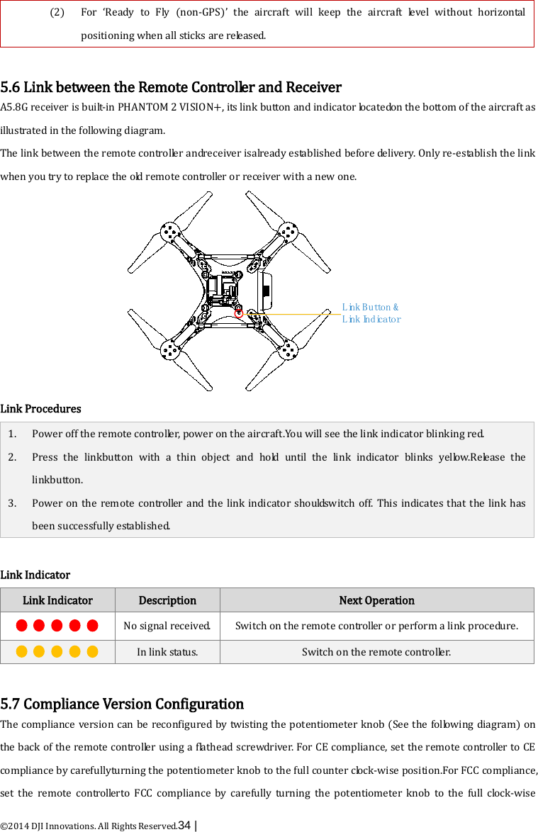  ©2014 DJI Innovations. All Rights Reserved.34 |   (2) For  ‘Ready to Fly (non-GPS)’  the aircraft will keep the aircraft level without horizontal positioning when all sticks are released.  5.6 Link between the Remote Controller and Receiver A5.8G receiver is built-in PHANTOM 2 VISION+, its link button and indicator lo c a t e do n  the bottom of the aircraft as illustrated in the following diagram. The link between the remote controller andreceiver isalready established before delivery. Only re-establish the link when you try to replace the old remote controller or receiver with a new one. L in k  B u tto n  &amp; L in k  In d ic a to r Link Procedures 1. 2.  3. Power off the remote controller, power on the aircraft.You will see the link indicator blinking red. Press the linkbutton with a thin object and hold until the link indicator blinks yellow.Release the linkbutton. Power on the remote controller and the link indicator shouldswitch off. This indicates that the link has been successfully established.  Link Indicator Link Indicator Description Next Operation  No signal received. Switch on the remote controller or perform a link procedure.  In link status. Switch on the remote controller.  5.7 Compliance Version Configuration The compliance version can be reconfigured by twisting the potentiometer knob (See the following diagram) on the back of the remote controller using a flathead screwdriver. For CE compliance, set the remote controller to CE compliance by carefullyturning the potentiometer knob to the full counter clock-wise position.For FCC compliance, set the remote controllerto FCC compliance by carefully turning the potentiometer knob to the full clock-wise 