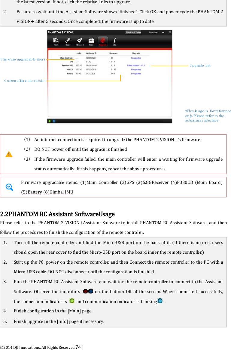  ©2014 DJI Innovations. All Rights Reserved.74 |   the late s t version. If not, click the relative links to upgrade. 2. Be sure to wait until the Assistant Software shows “finished”. Click OK and power cycle the PHANTOM 2 VISION+ after 5 seconds. Once completed, the firmware is up to date. F irm w a re  u p g ra d a b le  ite m sC u rre n t firm w are  v e rsio nU pgrade link*This im age is  for reference o n ly . Please refer to the actual user interface.  （1） An internet connection is required to upgrade the PHANTOM 2 VISION+’s firmware. （2） DO NOT power off until the upgrade is finished. （3） If the firmware upgrade failed, the main controller will enter a waiting for firmware upgrade status automatically. If this happens, repeat the above procedures.   Firmware  upgradable items:  (1)Main  Controller (2)GPS (3)5.8GReceiver  (4)P330CB (Main Board) (5)Battery (6)Gimbal IMU  2.2PHANTOM RC Assistant SoftwareUsage Please refer to the PHANTOM 2 VISION+Assistant Software to install PHANTOM RC Assistant Software, and then   follow  t he procedures to finish the configuration of the remote controller. 1.  2.  3.   4. 5. Turn off the remote controller and find the Micro-USB port on the back of it. (If there is no one, users should open the rear cover to find the Micro-USB port on the board inner the remote controller.) Start up the PC, power on the remote controller, and then Connect the remote controller to the PC with a Micro-USB cable. DO NOT disconnect until the configuration is finished. Run the PHANTOM RC Assistant Software and wait for the remote controller to connect to the Assistant Software. Observe the indicators   on the bottom left of the screen. When connected successfully, the connection indicator is   and communication indicator is blinking   . Finish configuration in the [Main] page. Finish upgrade in the [Info] page if necessary. 
