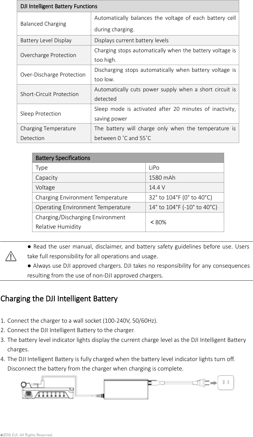 ©2016 DJI. All Rights Reserved.    DJI Intelligent Battery Functions Balanced Charging Automatically  balances  the  voltage  of  each  battery  cell during charging. Battery Level Display Displays current battery levels Overcharge Protection Charging stops automatically when the battery voltage is too high. Over-Discharge Protection   Discharging  stops  automatically  when battery  voltage  is too low. Short-Circuit Protection Automatically cuts power  supply  when  a  short  circuit  is detected Sleep Protection Sleep  mode  is  activated  after  20  minutes  of  inactivity, saving power Charging Temperature Detection The  battery  will  charge  only  when  the  temperature  is between 0 ˚C and 55˚C  Battery Specifications Type   LiPo   Capacity   1580 mAh Voltage 14.4 V Charging Environment Temperature 32° to 104°F (0°  to 40°C) Operating Environment Temperature 14° to 104°F (-10°  to 40°C) Charging/Discharging Environment Relative Humidity ＜80%    ● Read the user manual, disclaimer, and battery safety guidelines before use. Users take full responsibility for all operations and usage.   ● Always use DJI approved chargers. DJI takes no responsibility for any consequences resulting from the use of non-DJI approved chargers. Charging the DJI Intelligent Battery 1. Connect the charger to a wall socket (100-240V, 50/60Hz).   2. Connect the DJI Intelligent Battery to the charger.   3. The battery level indicator lights display the current charge level as the DJI Intelligent Battery charges. 4. The DJI Intelligent Battery is fully charged when the battery level indicator lights turn off. Disconnect the battery from the charger when charging is complete.   