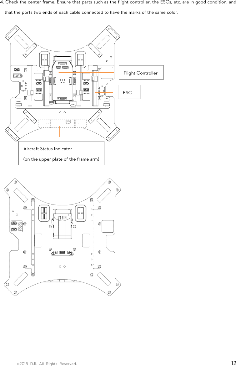 ©2015 DJI. All Rights Reserved.                                                                         12 4. Check the center frame. Ensure that parts such as the flight controller, the ESCs, etc. are in good condition, and that the ports two ends of each cable connected to have the marks of the same color.        Flight Controller ESC Aircraft Status Indicator (on the upper plate of the frame arm) 