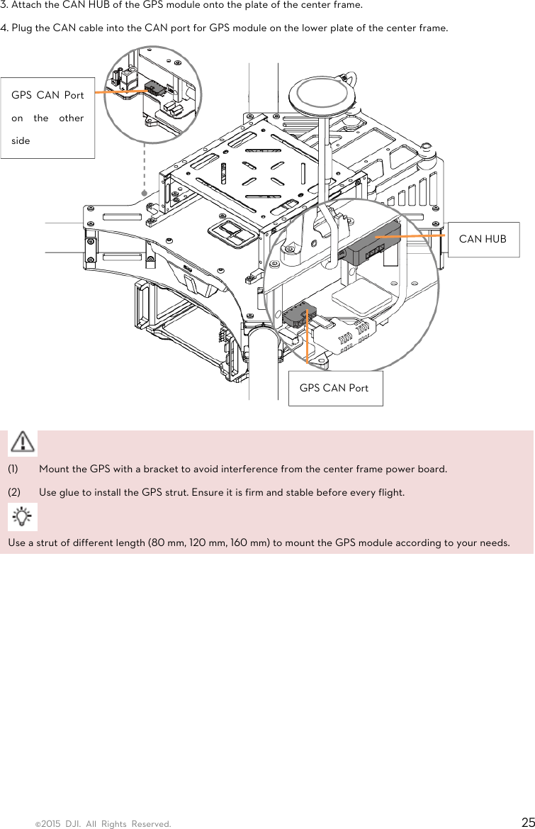 ©2015 DJI. All Rights Reserved.                                                                         25 3. Attach the CAN HUB of the GPS module onto the plate of the center frame. 4. Plug the CAN cable into the CAN port for GPS module on the lower plate of the center frame.    (1) Mount the GPS with a bracket to avoid interference from the center frame power board. (2) Use glue to install the GPS strut. Ensure it is firm and stable before every flight.  Use a strut of different length (80 mm, 120 mm, 160 mm) to mount the GPS module according to your needs.    CAN HUB GPS CAN Port GPS CAN Port on the other side 