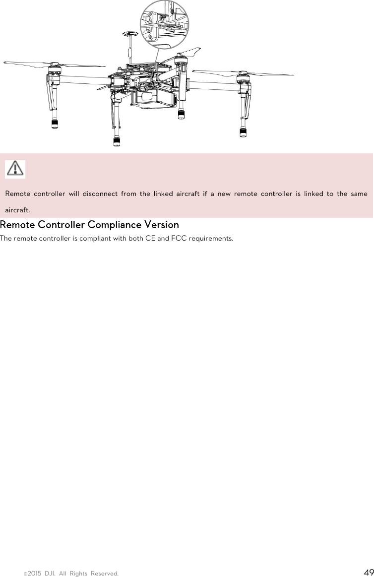 ©2015 DJI. All Rights Reserved.                                                                         49    Remote controller will disconnect from the linked aircraft if a new remote controller is linked to the same aircraft. Remote Controller Compliance Version The remote controller is compliant with both CE and FCC requirements.   