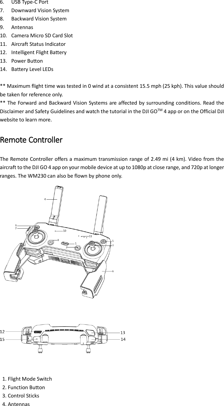 6. USB Type-C Port 7. Downward Vision System 8. Backward Vision System 9. Antennas 10. Camera Micro SD Card Slot 11. Aircraft Status Indicator 12. Intelligent Flight Battery 13. Power Button 14. Battery Level LEDs  ** Maximum flight time was tested in 0 wind at a consistent 15.5 mph (25 kph). This value should be taken for reference only. ** The Forward and Backward Vision Systems are affected by surrounding conditions. Read the Disclaimer and Safety Guidelines and watch the tutorial in the DJI GOTM 4 app or on the Official DJI website to learn more. Remote Controller The Remote Controller offers a maximum transmission range of 2.49 mi (4 km). Video from the aircraft to the DJI GO 4 app on your mobile device at up to 1080p at close range, and 720p at longer ranges. The WM230 can also be flown by phone only.   1. Flight Mode Switch 2. Function Button 3. Control Sticks 4. Antennas 