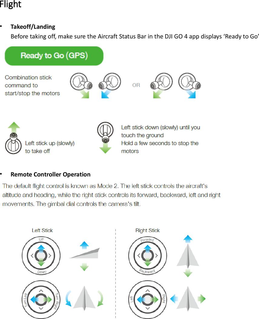 Flight • Takeoff/Landing Before taking off, make sure the Aircraft Status Bar in the DJI GO 4 app displays ‘Ready to Go’      • Remote Controller Operation            