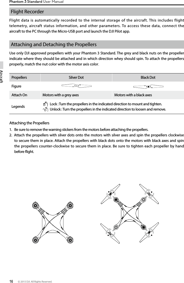 16 © 2015 DJI. All Rights Reserved. AircraftPhantom 3 Standard User ManualFlight Recorder Flight data is automatically recorded to the internal storage of the aircraft. This includes flight telemetry, aircraft status information, and other parameters. To access these data, connect the aircraft to the PC through the Micro-USB port and launch the DJI Pilot app. Attaching and Detaching the Propellers Use only DJI approved propellers with your Phantom 3 Standard. The grey and black nuts on the propeller indicate where they should be attached and in which direction whey should spin. To attach the propellers properly, match the nut color with the motor axis color. Propellers  Silver Dot Black DotFigure    Attach On Motors with a grey axes Motors with a black axesLegends    Lock : Turn the propellers in the indicated direction to mount and tighten.  Unlock : Turn the propellers in the indicated direction to loosen and remove.Attaching the Propellers1.  Be sure to remove the warning stickers from the motors before attaching the propellers. 2.  Attach the propellers with silver dots onto the motors with silver axes and spin the propellers clockwise to secure them in place. Attach the propellers with black dots onto the motors with black axes and spin the propellers counter-clockwise to secure them in place. Be sure to tighten each propeller by hand before ight. 