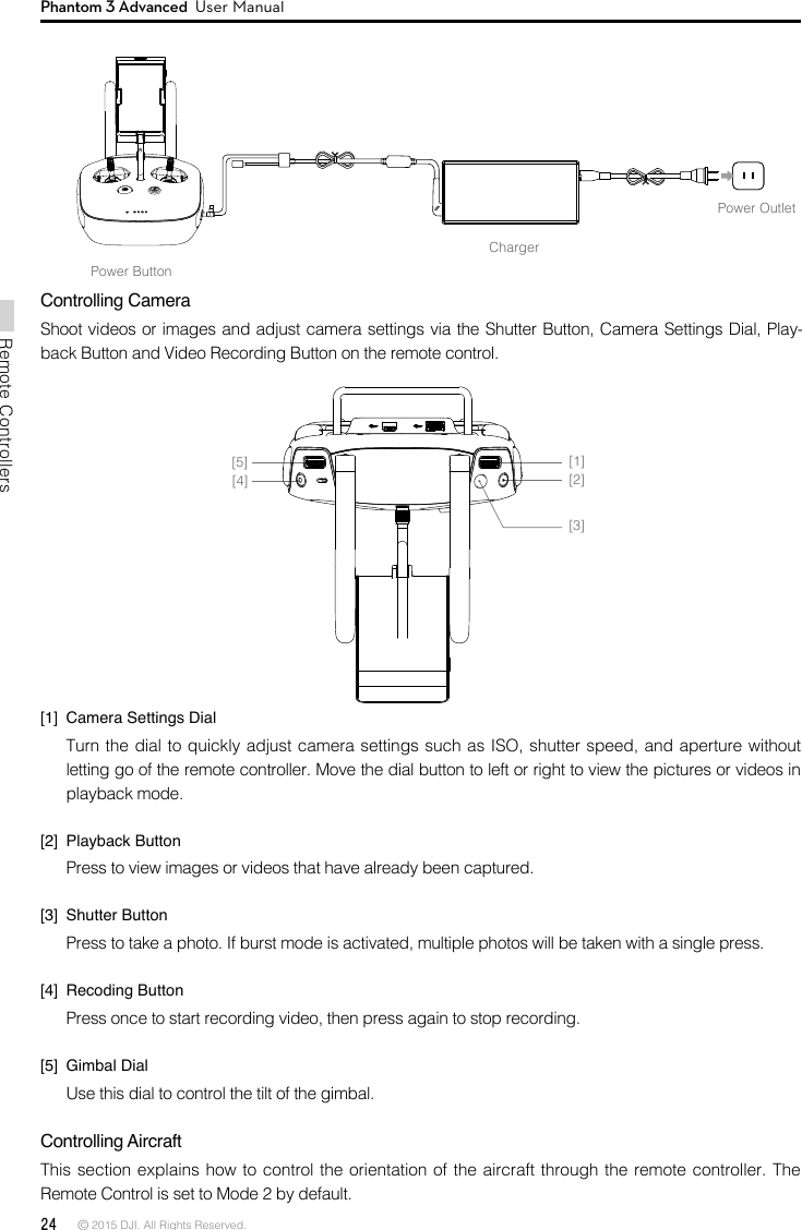 24 © 2015 DJI. All Rights Reserved. Remote ControllersPhantom 3 Advanced  User ManualChargerPower OutletPower ButtonControlling Camera-back Button and Video Recording Button on the remote control. [1]  Camera Settings Dialletting go of the remote controller. Move the dial button to left or right to view the pictures or videos in playback mode.[2]  Playback ButtonPress to view images or videos that have already been captured.[3]  Shutter Button[4]  Recoding Button[5]  Gimbal DialUse this dial to control the tilt of the gimbal. Controlling Aircraft This section explains how to control the orientation of the aircraft through the remote controller. The Remote Control is set to Mode 2 by default. [1][2][3][4][5]