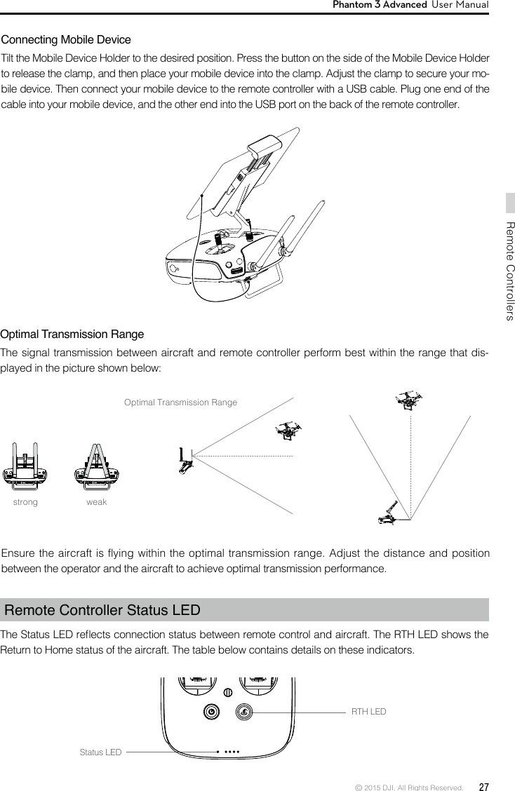 © 2015 DJI. All Rights Reserved.  27Remote ControllersPhantom 3 Advanced  User Manual Connecting Mobile DeviceTilt the Mobile Device Holder to the desired position. Press the button on the side of the Mobile Device Holder -bile device. Then connect your mobile device to the remote controller with a USB cable. Plug one end of the Optimal Transmission RangeThe signal transmission between aircraft and remote controller perform best within the range that dis-played in the picture shown below:Optimal Transmission Rangestrong weakbetween the operator and the aircraft to achieve optimal transmission performance. Remote Controller Status LEDReturn to Home status of the aircraft. The table below contains details on these indicators.  