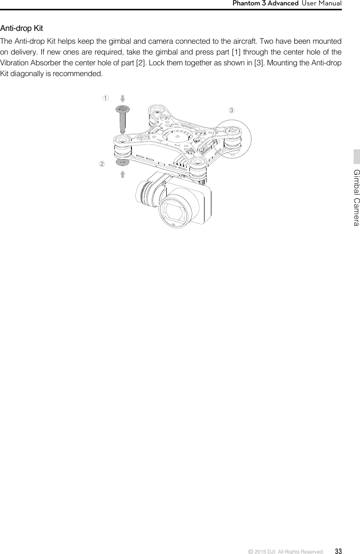 © 2015 DJI. All Rights Reserved.  33Gimbal CameraPhantom 3 Advanced  User Manual ②①③Anti-drop KitThe Anti-drop Kit helps keep the gimbal and camera connected to the aircraft. Two have been mounted Vibration Absorber the center hole of part [2]. Lock them together as shown in [3]. Mounting the Anti-drop Kit diagonally is recommended. 