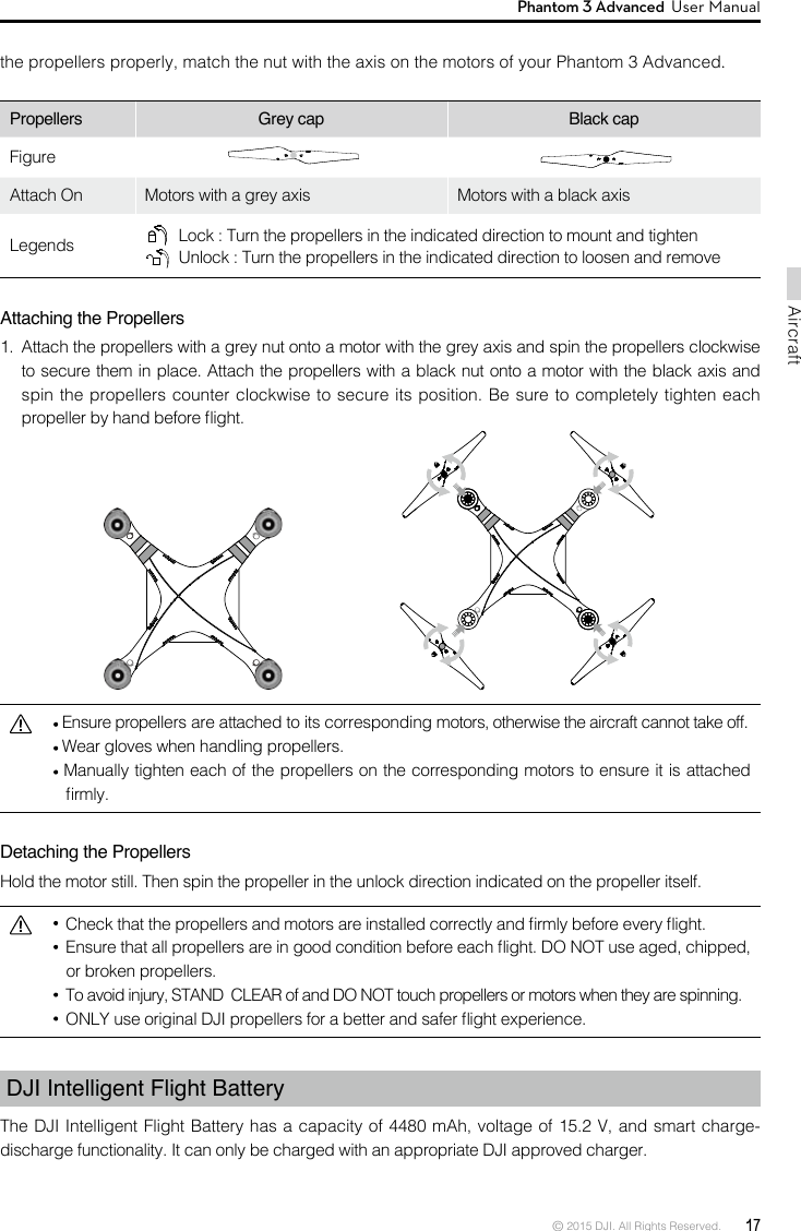 © 2015 DJI. All Rights Reserved.  17AircraftPhantom 3 Advanced  User Manual  Wear gloves when handling propellers.  Manually tighten each of the propellers on the corresponding motors to ensure it is attached Detaching the Propellers Hold the motor still. Then spin the propeller in the unlock direction indicated on the propeller itself.   or broken propellers.  DJI Intelligent Flight Battery discharge functionality. It can only be charged with an appropriate DJI approved charger..Propellers  Grey cap Black capFigure   Attach On Motors with a grey axis  Motors with a black axisLegends    Lock : Turn the propellers in the indicated direction to mount and tighten  Unlock : Turn the propellers in the indicated direction to loosen and remove Attaching the Propellers1.  Attach the propellers with a grey nut onto a motor with the grey axis and spin the propellers clockwise to secure them in place. Attach the propellers with a black nut onto a motor with the black axis and spin the propellers counter clockwise to secure its position. Be sure to completely tighten each 