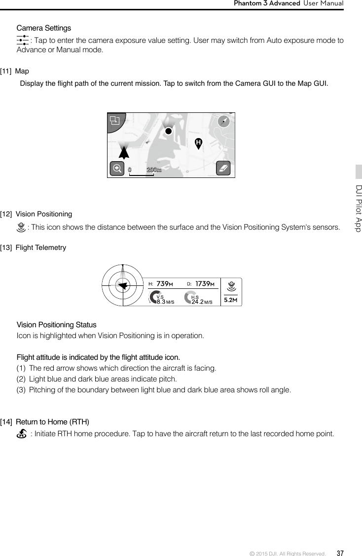 © 2015 DJI. All Rights Reserved.  37DJI Pilot App Phantom 3 Advanced  User Manual Camera Settings : Tap to enter the camera exposure value setting. User may switch from Auto exposure mode to Advance or Manual mode.[11] MapDisplaytheightpathofthecurrentmission.TaptoswitchfromtheCameraGUItotheMapGUI.[12]  Vision Positioning : This icon shows the distance between the surface and the Vision Positioning System&apos;s sensors.[13]  Flight TelemetryVision Positioning StatusIcon is highlighted when Vision Positioning is in operation.Flightattitudeisindicatedbytheightattitudeicon.(1)  The red arrow shows which direction the aircraft is facing.(2)  Light blue and dark blue areas indicate pitch.(3)  Pitching of the boundary between light blue and dark blue area shows roll angle.[14]  Return to Home (RTH)  : Initiate RTH home procedure. Tap to have the aircraft return to the last recorded home point.200m0 200m0