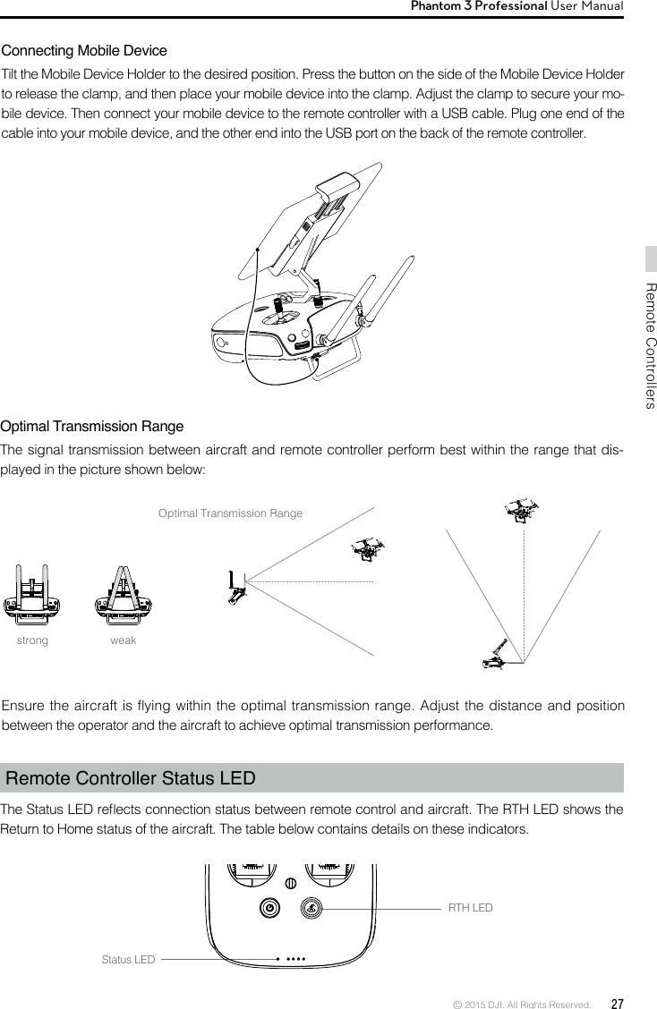 © 2015 DJI. All Rights Reserved.  27Remote ControllersPhantom 3 Professional User Manual Connecting Mobile DeviceTilt the Mobile Device Holder to the desired position. Press the button on the side of the Mobile Device Holder to release the clamp, and then place your mobile device into the clamp. Adjust the clamp to secure your mo-bile device. Then connect your mobile device to the remote controller with a USB cable. Plug one end of the cable into your mobile device, and the other end into the USB port on the back of the remote controller. Optimal Transmission RangeThe signal transmission between aircraft and remote controller perform best within the range that dis-played in the picture shown below:Optimal Transmission Rangestrong weakEnsure the aircraft is flying within the optimal transmission range. Adjust the distance and position between the operator and the aircraft to achieve optimal transmission performance. Remote Controller Status LEDThe Status LED reects connection status between remote control and aircraft. The RTH LED shows the Return to Home status of the aircraft. The table below contains details on these indicators.  RTH LEDStatus LED