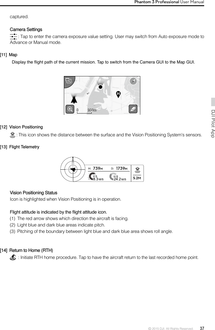 © 2015 DJI. All Rights Reserved.  37DJI Pilot App Phantom 3 Professional User Manual captured.Camera Settings : Tap to enter the camera exposure value setting. User may switch from Auto exposure mode to Advance or Manual mode.[11] MapDisplaytheightpathofthecurrentmission.TaptoswitchfromtheCameraGUItotheMapGUI.[12]  Vision Positioning : This icon shows the distance between the surface and the Vision Positioning System&apos;s sensors.[13]  Flight TelemetryVision Positioning StatusIcon is highlighted when Vision Positioning is in operation.Flightattitudeisindicatedbytheightattitudeicon.(1)  The red arrow shows which direction the aircraft is facing.(2)  Light blue and dark blue areas indicate pitch.(3)  Pitching of the boundary between light blue and dark blue area shows roll angle.[14]  Return to Home (RTH)  : Initiate RTH home procedure. Tap to have the aircraft return to the last recorded home point.200m0 200m0