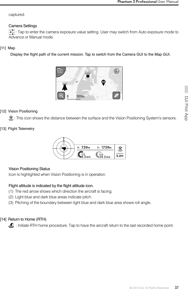 © 2015 DJI. All Rights Reserved.  37DJI Pilot App Phantom 3 Professional User Manual captured.Camera Settings : Tap to enter the camera exposure value setting. User may switch from Auto exposure mode to Advance or Manual mode.[11] MapDisplaytheightpathofthecurrentmission.TaptoswitchfromtheCameraGUItotheMapGUI.[12]  Vision Positioning : This icon shows the distance between the surface and the Vision Positioning System&apos;s sensors.[13]  Flight TelemetryVision Positioning StatusIcon is highlighted when Vision Positioning is in operation.Flightattitudeisindicatedbytheightattitudeicon.(1)  The red arrow shows which direction the aircraft is facing.(2)  Light blue and dark blue areas indicate pitch.(3)  Pitching of the boundary between light blue and dark blue area shows roll angle.[14]  Return to Home (RTH)  : Initiate RTH home procedure. Tap to have the aircraft return to the last recorded home point.200m0 200m0