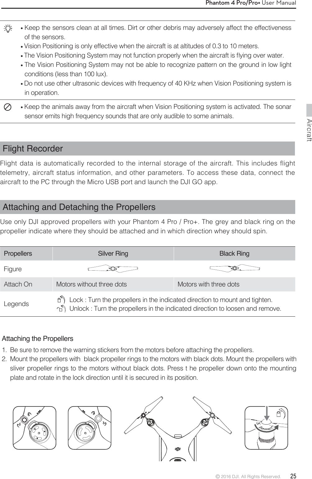 Aircraft© 2016 DJI. All Rights Reserved.  25Phantom 4 Pro/Pro+ User ManualFlight Recorder Flight data is automatically recorded to the internal storage of the aircraft. This includes flight telemetry, aircraft status information, and other parameters. To access these data, connect the aircraft to the PC through the Micro USB port and launch the DJI GO app. Attaching and Detaching the Propellers Use only DJI approved propellers with your Phantom 4 Pro / Pro+. The grey and black ring on the propeller indicate where they should be attached and in which direction whey should spin. Propellers  Silver Ring Black RingFigure    Attach On Motors without three dots Motors with three dotsLegends    Lock : Turn the propellers in the indicated direction to mount and tighten.  Unlock : Turn the propellers in the indicated direction to loosen and remove. Keep the sensors clean at all times. Dirt or other debris may adversely affect the effectiveness of the sensors. Vision Positioning is only effective when the aircraft is at altitudes of 0.3 to 10 meters. 5IF7JTJPO1PTJUJPOJOH4ZTUFNNBZOPUGVODUJPOQSPQFSMZXIFOUIFBJSDSBGUJTnZJOHPWFSXBUFS The Vision Positioning System may not be able to recognize pattern on the ground in low light conditions (less than 100 lux). Do not use other ultrasonic devices with frequency of 40 KHz when Vision Positioning system is in operation.  Keep the animals away from the aircraft when Vision Positioning system is activated. The sonar sensor emits high frequency sounds that are only audible to some animals.Attaching the Propellers1.  Be sure to remove the warning stickers from the motors before attaching the propellers. 2.  Mount the propellers with  black propeller rings to the motors with black dots. Mount the propellers with sliver propeller rings to the motors without black dots. Press t he propeller down onto the mounting plate and rotate in the lock direction until it is secured in its position. 