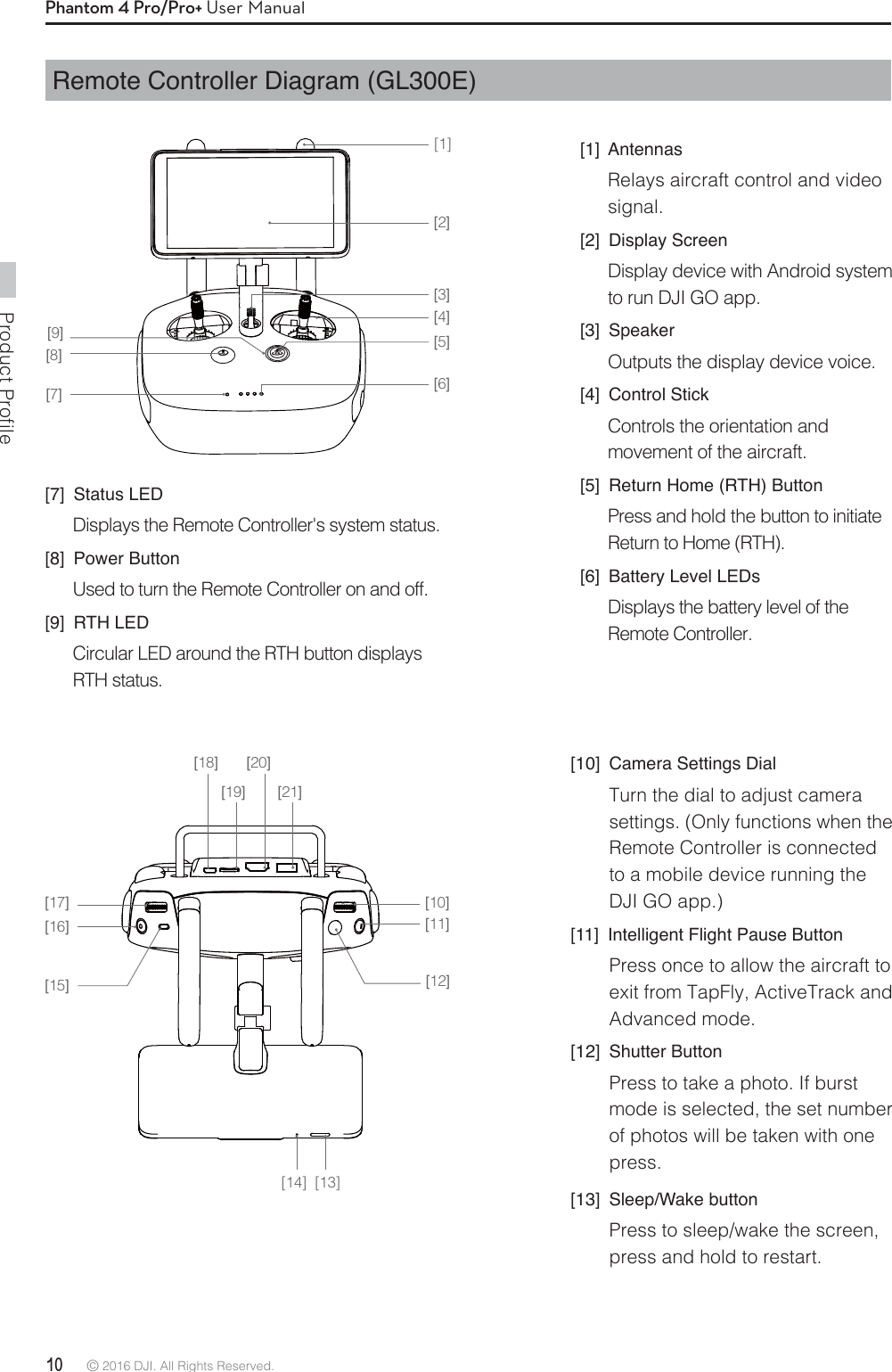 Product Profile10 © 2016 DJI. All Rights Reserved. Phantom 4 Pro/Pro+ User Manual[1][2][5][6][8][7][9][4][3][14] [13][11][12][19][18][21][20][10][15][16][17]Remote Controller Diagram (GL300E)[1] AntennasRelays aircraft control and video signal. [2] Display ScreenDisplay device with Android system to run DJI GO app. [3] SpeakerOutputs the display device voice.[4] Control StickControls the orientation and movement of the aircraft.[5]  Return Home (RTH) ButtonPress and hold the button to initiate Return to Home (RTH).[6]  Battery Level LEDsDisplays the battery level of the Remote Controller.[7] Status LEDDisplays the Remote Controller&apos;s system status.[8] Power ButtonUsed to turn the Remote Controller on and off.[9] RTH LEDCircular LED around the RTH button displays RTH status.[10]  Camera Settings DialTurn the dial to adjust camera settings. (Only functions when the Remote Controller is connected to a mobile device running the DJI GO app.) [11]  Intelligent Flight Pause ButtonPress once to allow the aircraft to exit from TapFly, ActiveTrack and Advanced mode. [12] Shutter ButtonPress to take a photo. If burst mode is selected, the set number of photos will be taken with one press.[13] Sleep/Wake buttonPress to sleep/wake the screen, press and hold to restart.