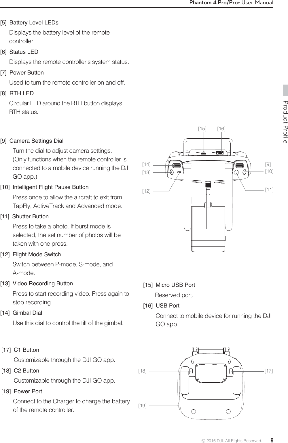 Product Profile© 2016 DJI. All Rights Reserved.  9Phantom 4 Pro/Pro+ User Manual[5]  Battery Level LEDsDisplays the battery level of the remote controller. [6] Status LEDDisplays the remote controller&apos;s system status. [7] Power ButtonUsed to turn the remote controller on and off.[8] RTH LED Circular LED around the RTH button displays RTH status. [9]  Camera Settings Dial Turn the dial to adjust camera settings. (Only functions when the remote controller is connected to a mobile device running the DJI GO app.)[10]  Intelligent Flight Pause Button Press once to allow the aircraft to exit from TapFly, ActiveTrack and Advanced mode. [11]  Shutter Button  Press to take a photo. If burst mode is selected, the set number of photos will be taken with one press.[12]  Flight Mode SwitchSwitch between P-mode, S-mode, and A-mode.[13]  Video Recording ButtonPress to start recording video. Press again to stop recording.[14] Gimbal DialUse this dial to control the tilt of the gimbal. [15]  Micro USB PortReserved port.[16]  USB PortConnect to mobile device for running the DJI GO app. [17] C1 ButtonCustomizable through the DJI GO app.[18] C2 ButtonCustomizable through the DJI GO app.[19] Power PortConnect to the Charger to charge the battery of the remote controller. [10][11][15] [16][9][12][13][14][17][19][18]