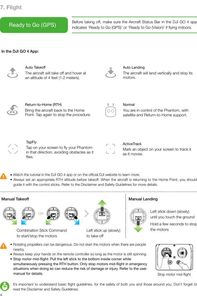 EN67. FlightReady to Go (GPS) Before taking o, make sure the Aircraft Status Bar in the DJI GO 4 app indicates ‘Ready to Go (GPS)’ or ‘Ready to Go (Vision)’ if ying indoors.In the DJI GO 4 App:Manual Takeo Manual LandingAuto TakeoffThe aircraft will take off and hover at an altitude of 4 feet (1.2 meters).Auto LandingThe aircraft will land vertically and stop its motors.Return-to-Home (RTH)Bring the aircraft back to the Home Point. Tap again to stop the procedure.NormalYou are in control of the Phantom, with satellite and Return-to-Home support.ActiveTrackMark an object on your screen to track it as it moves. TapFlyTap on your screen to fly your Phantom in that direction, avoiding obstacles as it flies.● Watch the tutorial in the DJI GO 4 app or on the ocial DJI website to learn more.● Always set an appropriate RTH altitude before takeo. When the aircraft is returning to the Home Point, you should guide it with the control sticks. Refer to the Disclaimer and Safety Guidelines for more details.● Rotating propellers can be dangerous. Do not start the motors when there are people nearby.● Always keep your hands on the remote controller so long as the motor is still spinning.● Stop motor mid-ight: Pull the left stick to the bottom inside corner while simultaneously pressing the RTH button. Only stop motors mid-ight in emergency situations when doing so can reduce the risk of damage or injury. Refer to the user manual for details.ORCombination Stick Commandto start/stop the motorsLeft stick up (slowly)to take oLeft stick down (slowly)until you touch the groundHold a few seconds to stop the motorsStop motor mid-ightIt’s important to understand basic ight guidelines, for the safety of both you and those around you. Don&apos;t forget to read the Disclaimer and Safety Guidelines.