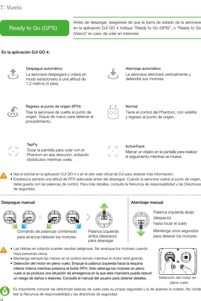 12ES7. VueloReady to Go (GPS)Antes de despegar, asegúrese de que la barra de estado de la aeronave en la aplicación DJI GO 4 indique &quot;Ready to Go (GPS)&quot;, o &quot;Ready to Go (Vision)&quot; en caso de volar en interiores.En la aplicación DJI GO 4:Despegue manual Aterrizaje manualDespegue automáticoLa aeronave despegará y volará en modo estacionario a una altitud de 1,2 metros (4 pies).Aterrizaje automáticoLa aeronave aterrizará verticalmente y detendrá sus motores.Regreso al punto de origen (RTH)Trae la aeronave de vuelta al punto de origen. Toque de nuevo para detener el procedimiento.NormalTiene el control del Phantom, con satélite y regreso al punto de origen.ActiveTrackMarcar un objeto en la pantalla para realizar el seguimiento mientras se mueve.TapFlyTocar la pantalla para volar con el Phantom en esa dirección, evitando obstáculos mientras vuela.● Vea el tutorial en la aplicación DJI GO 4 o en el sitio web ocial de DJI para obtener más información.● Establezca siempre una altitud de RTH adecuada antes del despegue. Cuando la aeronave vuelva al punto de origen, debe guiarla con las palancas de control. Para más detalles, consulte la Renuncia de responsabilidad y las Directrices de seguridad.● Las hélices en rotación pueden resultar peligrosas. No arranque los motores cuando haya personas cerca.● Mantenga siempre las manos en el control remoto mientras el motor esté girando.● Detención del motor en pleno vuelo: Empuje la palanca izquierda hacia la esquina inferior interna mientras presiona el botón RTH. Sólo detenga los motores en pleno vuelo si se produce una situación de emergencia en la que esta maniobra pueda reducir un riesgo de daños o lesiones. Consulte el manual del usuario para obtener detalles.OComando de palancas combinadopara arrancar/detener los motoresPalanca izquierda arriba (despacio)para despegarPalanca izquierda abajo (despacio)hasta tocar el sueloMantenga unos segundos para detener los motoresDetención del motor en pleno vueloEs importante conocer las directrices básicas de vuelo para su propia seguridad y la de quienes le rodean. No olvide leer la Renuncia de responsabilidad y las directrices de seguridad.