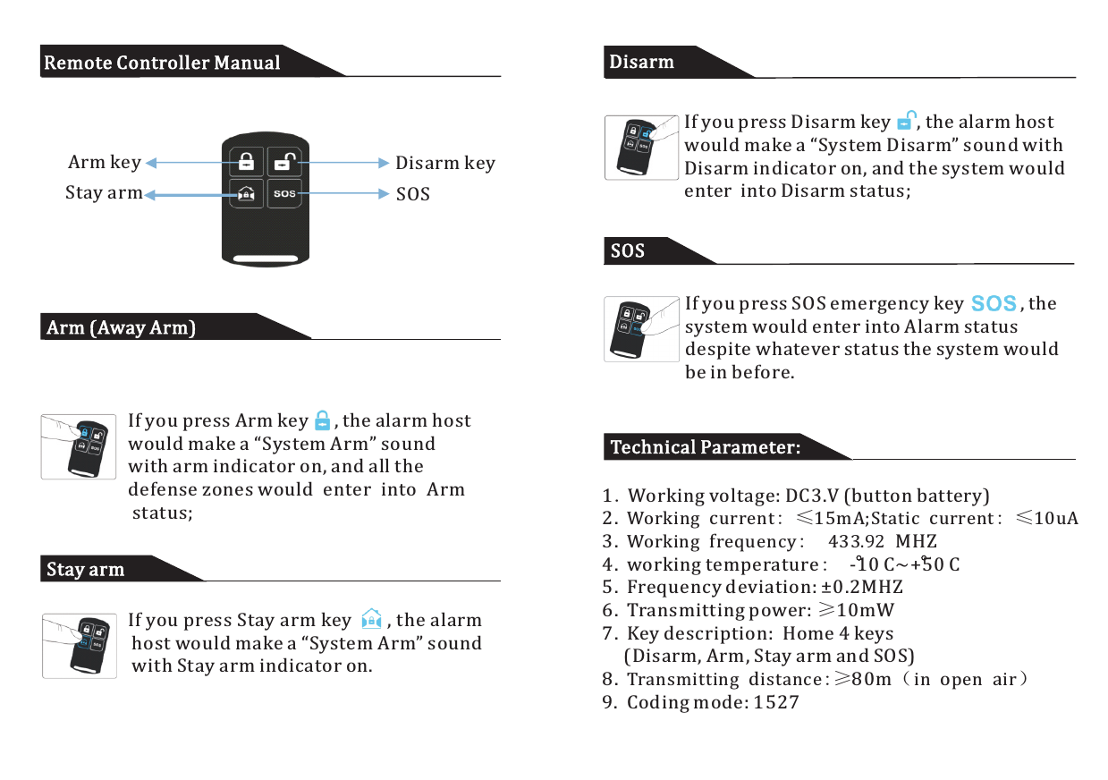 Remote Controller ManualArm key Disarm keyStay arm SOSArm (Away Arm)Stay armIf you press Arm key      , the alarm hostwould make a “System Arm” sound with arm indicator on, and all the defense zones would enter into Arm status;If you press Stay arm key       , the alarm host would make a “System Arm” sound with Stay arm indicator on.DisarmSOSIf you press SOS emergency key             , thesystem would enter into Alarm statusdespite whatever status the system wouldbe in before.If you press Disarm key      , the alarm hostwould make a “System Disarm” sound withDisarm indicator on, and the system wouldenter  into Disarm status;Technical Parameter:1. Working voltage: DC3.V (button battery)2.  Working current: ≤15mA;3.  Working frequency:   433.92 MHZ4.  working temperature:  -10 C~+50 C5.  Frequency deviation: ±0.2MHZ6.  Transmitting power: ≥10mW   7.  Key description:  Home 4 keys      (Disarm, Arm, Stay arm and SOS) 8.  Transmitting distance:≥80m（in open air）9.  Coding mode: 1527Static current: ≤10uA