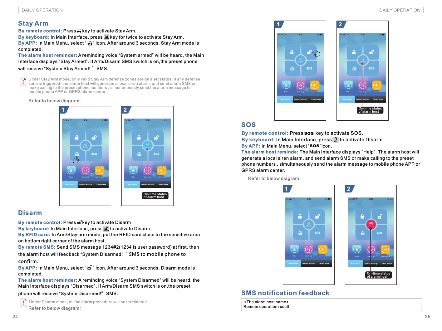 By remote control:By keyboard:By APP: The alarm host reminde:  Press         key to activate SOS. In Main Interface, press      to activate DisarmIn Main Menu, select  icon.The Main Interface displays “Help”. The alarm host will generate a local siren alarm, and send alarm SMS or make calling to the preset phone numbers , simultaneously send the alarm message to mobile phone APP or GPRS alarm center.“        ”SOS21&lt;The alarm host name&gt;:Remote operation resultSOSBy remote control: By keyboard: By APP: The alarm host reminder:Press     key to activate Stay Arm.In Main Interface, press      key for twice to activate Stay Arm.In Main Menu, select “     ” icon. After around 3 seconds, Stay Arm mode is completed. A reminding voice “System armed” will be heard, the Main Interface displays “Stay Armed”. If Arm/Disarm SMS switch is on,the preset phone will receive “System Stay Armed! ”SMS. 21ARM/*By remote control: By keyboard: By RFID card:By remote SMS: By APP:The alarm host reminder: Press     key to activate DisarmIn Main Interface, press      to activate Disarm In Arm/Stay arm mode, put the RFID card close to the sensitive area on bottom right corner of the alarm host.Send SMS message 1234#2(1234 is user password) at first, then the alarm host will feedback “System Disarmed!“ SMS to mobile phone to confirm. In Main Menu, select “     ” icon. After around 3 seconds, Disarm mode is completed.A reminding voice “System Disarmed” will be heard, the Main Interface displays “Disarmed”. If Arm/Disarm SMS switch is on,the preset phone will receive “System Disarmed!”SMS.DISARM/#!2524Stay Arm!Under Stay Arm mode, only valid Stay Arm defense zones are on alert status. If any defense zone is triggered, the alarm host will generate a local siren alarm, and send alarm SMS or make calling to the preset phone numbers , simultaneously send the alarm message to mobile phone APP or GPRS alarm center.Refer to below diagram:DisarmUnder Disarm mode, all the alarm procedure will be terminated. Refer to below diagram:SOSRefer to below diagram:SMS notification feedbackDAILY OPERATIONDAILY OPERATIONOn-time status of alarm host21On-time status of alarm hostOn-time status of alarm host