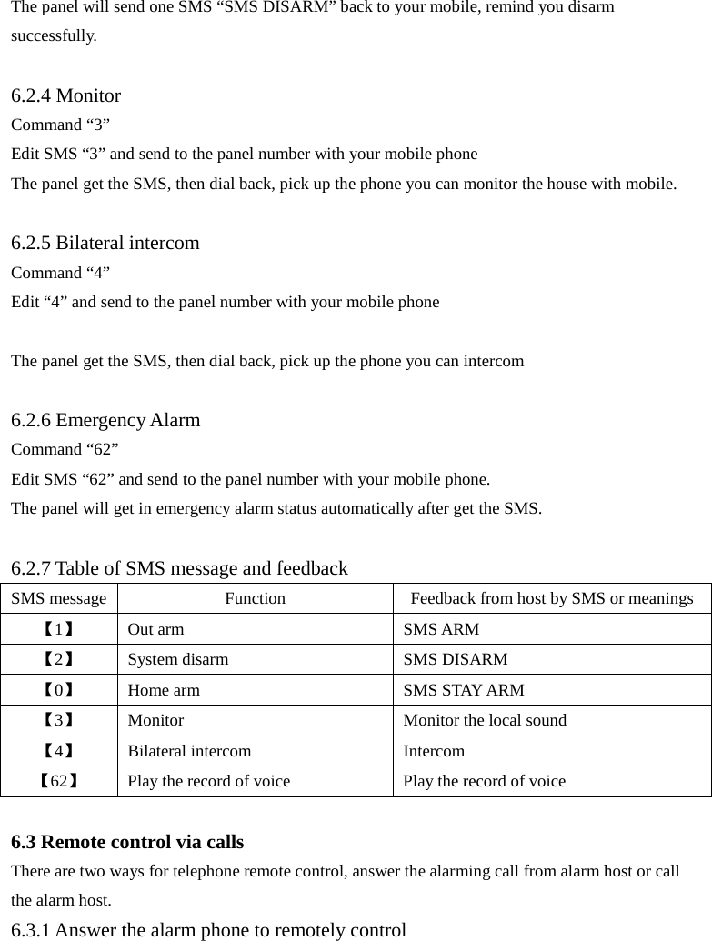  The panel will send one SMS “SMS DISARM” back to your mobile, remind you disarm successfully.  6.2.4 Monitor Command “3” Edit SMS “3” and send to the panel number with your mobile phone The panel get the SMS, then dial back, pick up the phone you can monitor the house with mobile.  6.2.5 Bilateral intercom Command “4” Edit “4” and send to the panel number with your mobile phone  The panel get the SMS, then dial back, pick up the phone you can intercom  6.2.6 Emergency Alarm Command “62” Edit SMS “62” and send to the panel number with your mobile phone. The panel will get in emergency alarm status automatically after get the SMS.  6.2.7 Table of SMS message and feedback   SMS message Function Feedback from host by SMS or meanings 【1】 Out arm SMS ARM 【2】 System disarm SMS DISARM 【0】 Home arm SMS STAY ARM 【3】 Monitor Monitor the local sound 【4】 Bilateral intercom Intercom 【62】 Play the record of voice Play the record of voice  6.3 Remote control via calls There are two ways for telephone remote control, answer the alarming call from alarm host or call the alarm host. 6.3.1 Answer the alarm phone to remotely control 