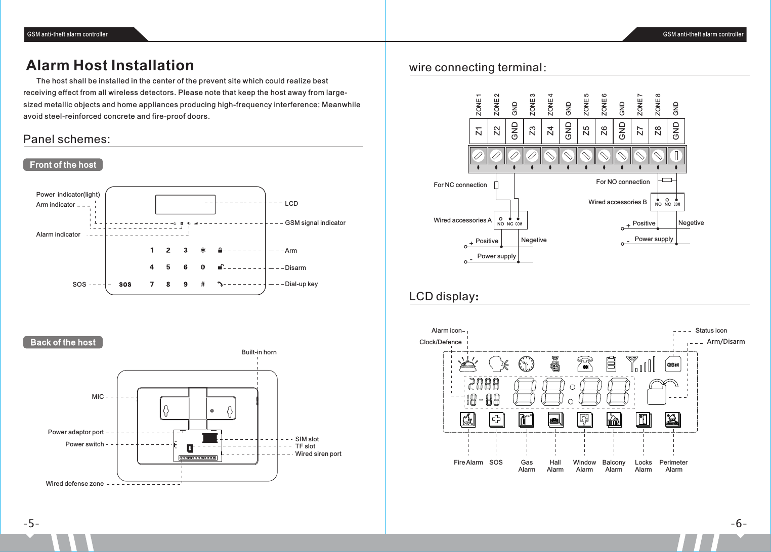 GNDGNDGNDGNDMICPower adaptor portPower switchWired defense zoneBuilt-in hornGSM signal indicator      The host shall be installed in the center of the prevent site which could realize best receiving effect from all wireless detectors. Please note that keep the host away from large-sized metallic objects and home appliances producing high-frequency interference; Meanwhile avoid steel-reinforced concrete and fire-proof doors. Panel schemes:-5- -6-Z1Z2GNDZ3Z4GNDZ5Z6GNDZ7Z8GNDNO   +-+-Arm/DisarmGSM anti-theft alarm controller GSM anti-theft alarm controllerAlarm Host InstallationPower indicator(light)Arm indicatorAlarm indicatorSOSLCDArmDisarmDial-up keySIM slotTF slotWired siren port wire connecting terminal： LCD display:ZONE 1ZONE 2ZONE 3ZONE 4ZONE 5ZONE 6ZONE 7ZONE 8For NC connectionWired accessories APositive NegetivePower supplyNCCOMNO   NCCOMFor NO connectionWired accessories BPositive NegetivePower supplyAlarm iconClock/DefenceStatus iconFire Alarm SOS GasAlarmHall AlarmWindowAlarmBalconyAlarmLocksAlarmPerimeter AlarmFront of the hostBack of the host