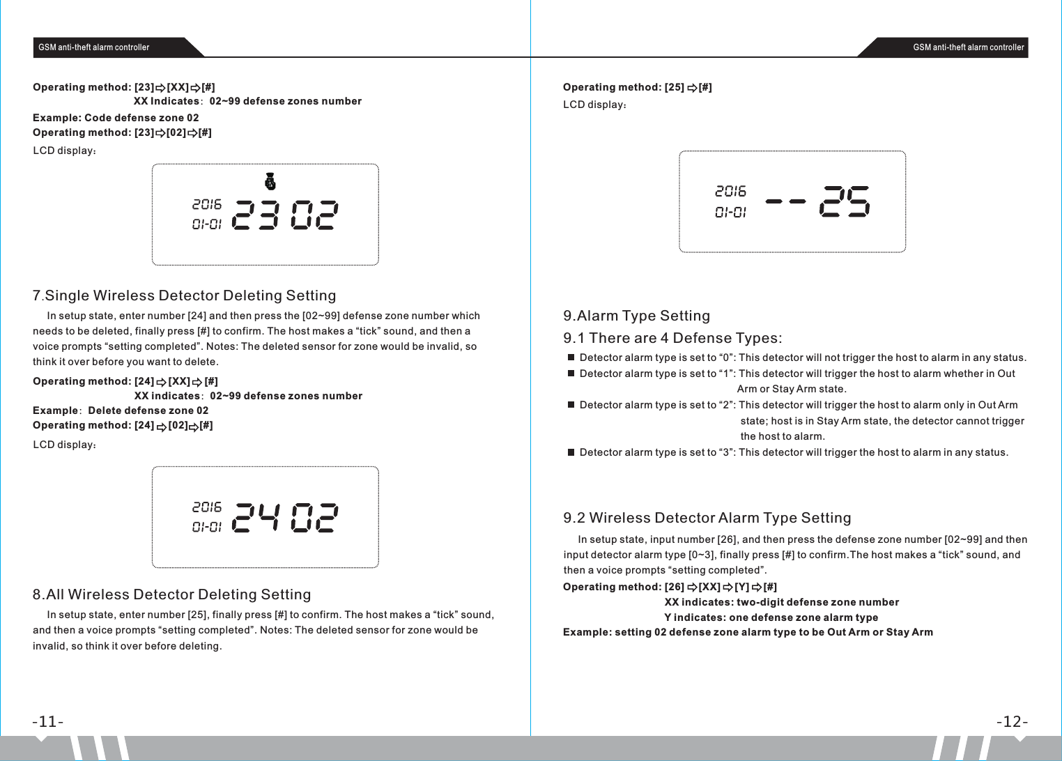 7.Single Wireless Detector Deleting Setting     In setup state, enter number [24] and then press the [02~99] defense zone number which needs to be deleted, finally press [#] to confirm. The host makes a “tick” sound, and then a voice prompts “setting completed”. Notes: The deleted sensor for zone would be invalid, so think it over before you want to delete.-11- -12-GSM anti-theft alarm controller GSM anti-theft alarm controllerOperating method: [23]      [XX]      [#]                                                XX Indicates：02~99 defense zones numberExample: Code defense zone 02Operating method: [23]    [02]    [#]LCD display：Operating method: [24]     [XX]     [#]                                    XX indicates：02~99 defense zones numberExample：Delete defense zone 02Operating method: [24]     [02]    [#]LCD display：8.All Wireless Detector Deleting Setting     In setup state, enter number [25], finally press [#] to confirm. The host makes a “tick” sound, and then a voice prompts “setting completed”. Notes: The deleted sensor for zone would be invalid, so think it over before deleting.Operating method: [25]     [#]LCD display：9.Alarm Type Setting9.1 There are 4 Defense Types:Detector alarm type is set to “0”: This detector will not trigger the host to alarm in any status.Detector alarm type is set to “1”: This detector will trigger the host to alarm whether in Out                                                         Arm or Stay Arm state.Detector alarm type is set to “2”: This detector will trigger the host to alarm only in Out Arm                                                          state; host is in Stay Arm state, the detector cannot trigger                                                          the host to alarm.Detector alarm type is set to “3”: This detector will trigger the host to alarm in any status.9.2 Wireless Detector Alarm Type Setting     In setup state, input number [26], and then press the defense zone number [02~99] and then input detector alarm type [0~3], finally press [#] to confirm.The host makes a “tick” sound, and then a voice prompts “setting completed”. Operating method: [26]     [XX]     [Y]     [#]                                    XX indicates: two-digit defense zone number                                     Y indicates: one defense zone alarm typeExample: setting 02 defense zone alarm type to be Out Arm or Stay Arm