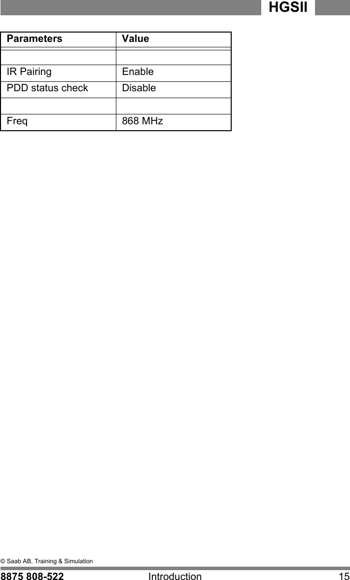 2  &copy; Saab AB, Training &amp; Simulation8875 808-522 Introduction 15HGSIIIR Pairing EnablePDD status check DisableFreq 868 MHzParameters Value