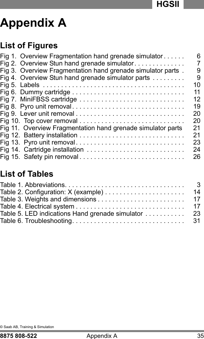 A&copy; Saab AB, Training &amp; Simulation8875 808-522 Appendix A 35HGSII  AAppendix AList of FiguresFig 1.  Overview Fragmentation hand grenade simulator . . . . . . 6Fig 2.  Overview Stun hand grenade simulator. . . . . . . . . . . . . . 7Fig 3.  Overview Fragmentation hand grenade simulator parts  . 9Fig 4.  Overview Stun hand grenade simulator parts  . . . . . . . . . 9Fig 5.  Labels  . . . . . . . . . . . . . . . . . . . . . . . . . . . . . . . . . . . . . . . 10Fig 6.  Dummy cartridge . . . . . . . . . . . . . . . . . . . . . . . . . . . . . . . 11Fig 7.  MiniFBSS cartridge  . . . . . . . . . . . . . . . . . . . . . . . . . . . . . 12Fig 8.  Pyro unit removal . . . . . . . . . . . . . . . . . . . . . . . . . . . . . . . 19Fig 9.  Lever unit removal . . . . . . . . . . . . . . . . . . . . . . . . . . . . . . 20Fig 10.  Top cover removal . . . . . . . . . . . . . . . . . . . . . . . . . . . . . 20Fig 11.  Overview Fragmentation hand grenade simulator parts 21Fig 12.  Battery installation . . . . . . . . . . . . . . . . . . . . . . . . . . . . . 21Fig 13.  Pyro unit removal . . . . . . . . . . . . . . . . . . . . . . . . . . . . . . 23Fig 14.  Cartridge installation  . . . . . . . . . . . . . . . . . . . . . . . . . . . 24Fig 15.  Safety pin removal . . . . . . . . . . . . . . . . . . . . . . . . . . . . . 26List of TablesTable 1. Abbreviations. . . . . . . . . . . . . . . . . . . . . . . . . . . . . . . . . 3Table 2. Configuration: X (example) . . . . . . . . . . . . . . . . . . . . . . 14Table 3. Weights and dimensions . . . . . . . . . . . . . . . . . . . . . . . . 17Table 4. Electrical system . . . . . . . . . . . . . . . . . . . . . . . . . . . . . . 17Table 5. LED indications Hand grenade simulator  . . . . . . . . . . . 23Table 6. Troubleshooting. . . . . . . . . . . . . . . . . . . . . . . . . . . . . . . 31