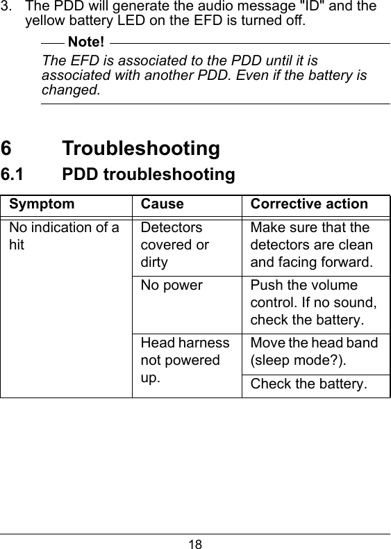 18 3.  The PDD will generate the audio message "ID" and the yellow battery LED on the EFD is turned off.Note!The EFD is associated to the PDD until it is associated with another PDD. Even if the battery is changed.  6  Troubleshooting6.1  PDD troubleshootingSymptom Cause Corrective actionNo indication of a hitDetectors covered or dirtyMake sure that the detectors are clean and facing forward.No power Push the volume control. If no sound, check the battery.Head harness not powered up.Move the head band (sleep mode?).Check the battery.