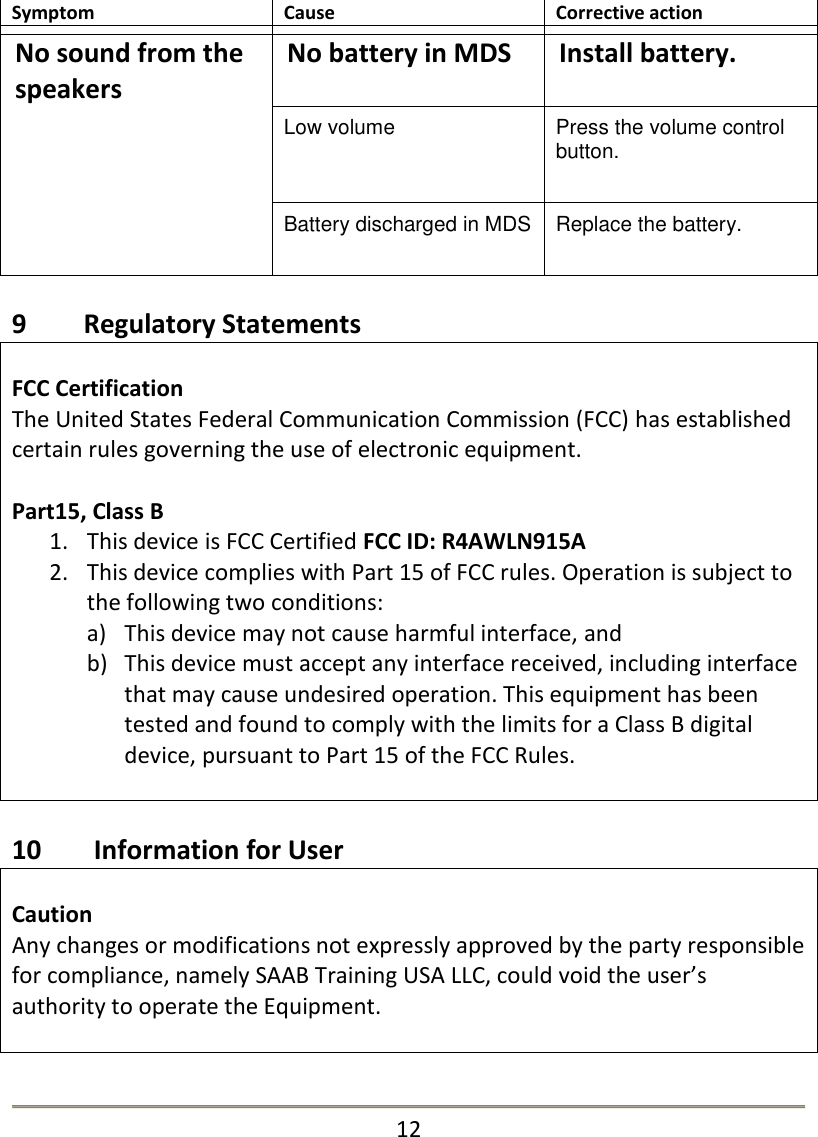 Symptom Cause Corrective action    No sound from the speakers  No battery in MDS  Install battery.  Low volume  Press the volume control button.  Battery discharged in MDS  Replace the battery.    9   Regulatory Statements  FCC Certification The United States Federal Communication Commission (FCC) has established certain rules governing the use of electronic equipment.  Part15, Class B 1. This device is FCC Certified FCC ID: R4AWLN915A 2. This device complies with Part 15 of FCC rules. Operation is subject to the following two conditions: a) This device may not cause harmful interface, and b) This device must accept any interface received, including interface that may cause undesired operation. This equipment has been tested and found to comply with the limits for a Class B digital device, pursuant to Part 15 of the FCC Rules.   10        Information for User  Caution Any changes or modifications not expressly approved by the party responsible for compliance, namely SAAB Training USA LLC, could void the user&rsquo;s authority to operate the Equipment.     12 